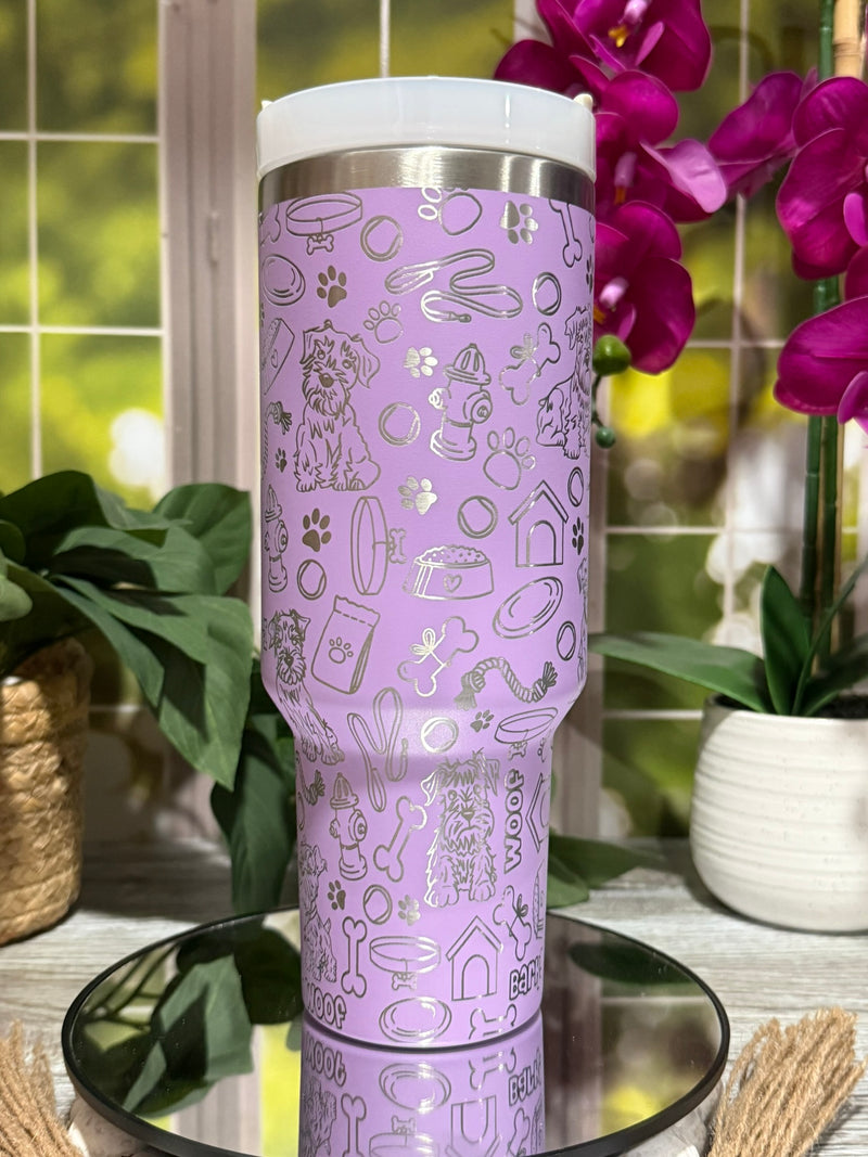 Schnauzer Doodles 40oz Lilac Tumbler Cup with Handle – Dog Lover laser engraved Cup, Ready to Ship