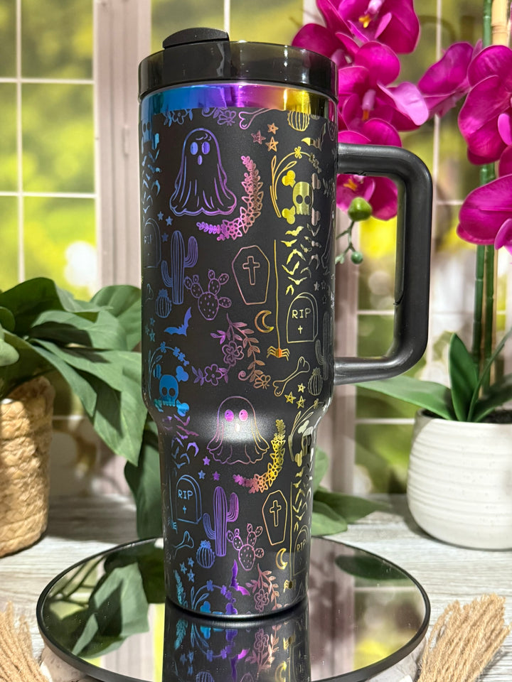 40oz black rainbow stainless steel tumbler cup with handle, laser engraved with Halloween ghost doodles, skulls, bats, and gravestones – ready to ship.