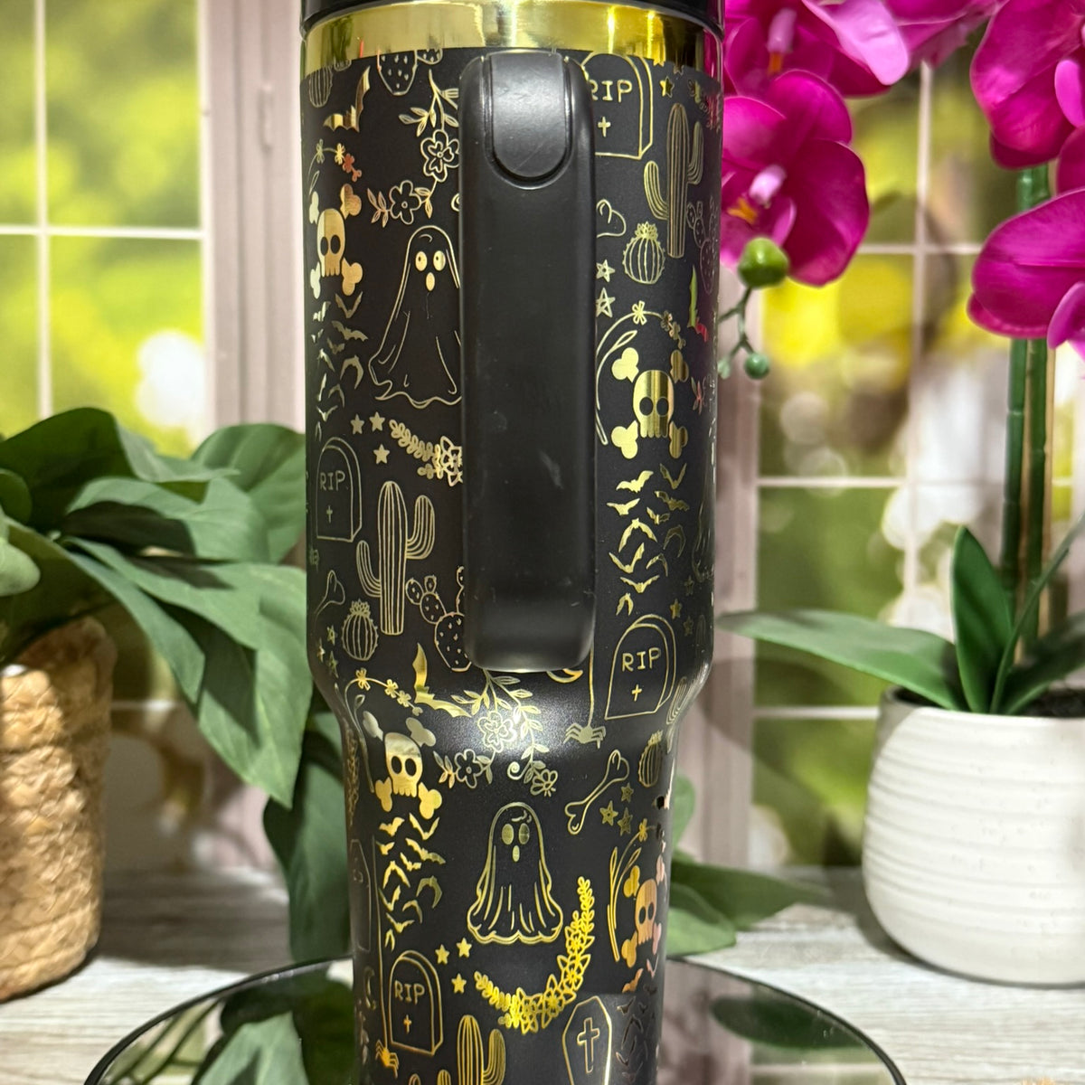 Halloween Ghost Doodles 40oz Black Rainbow Tumbler Cup with Handle – laser engraved, Ready to Ship