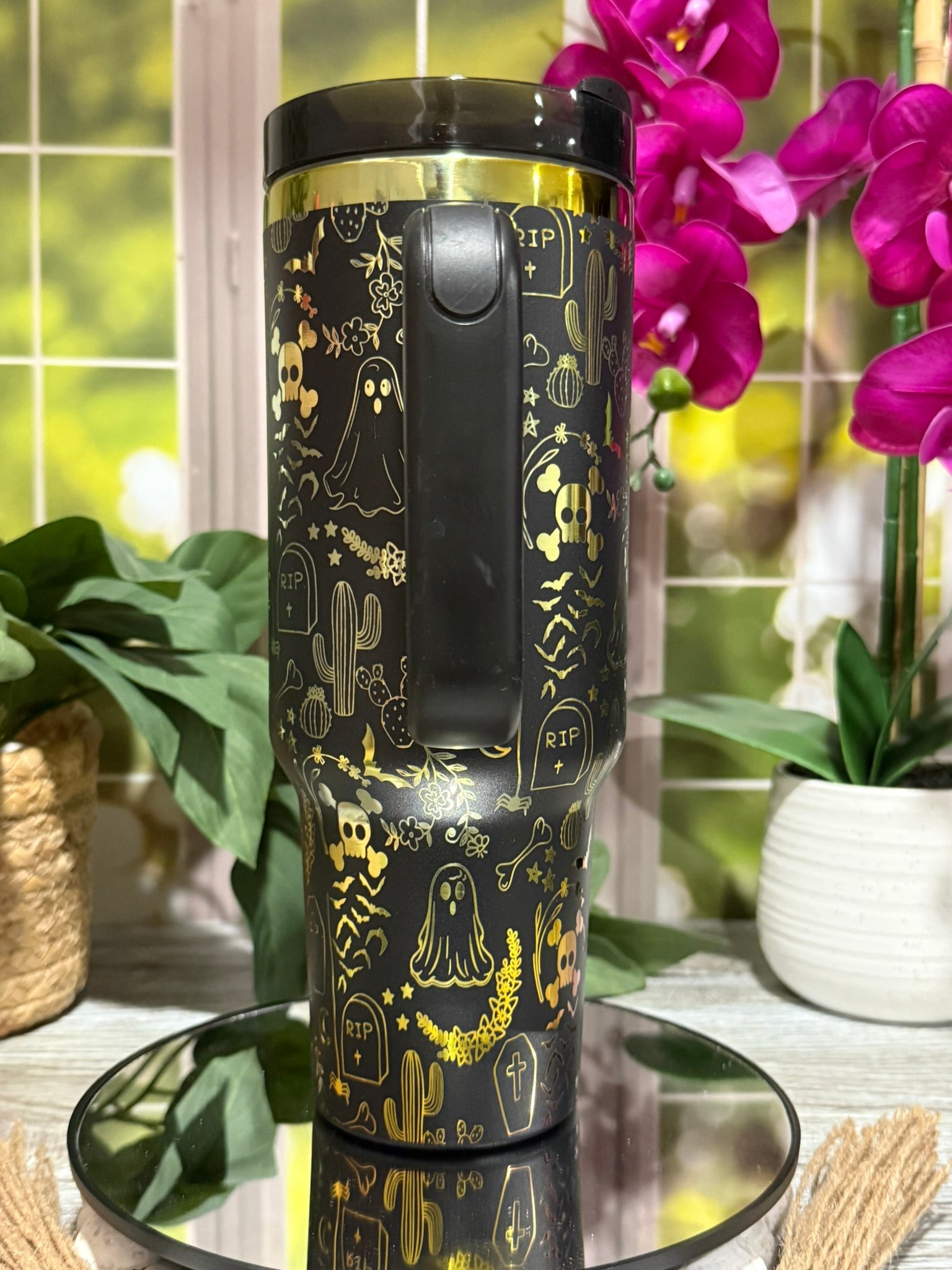Halloween Ghost Doodles 40oz Black Rainbow Tumbler Cup with Handle – Laser Engraved, Ready to Ship