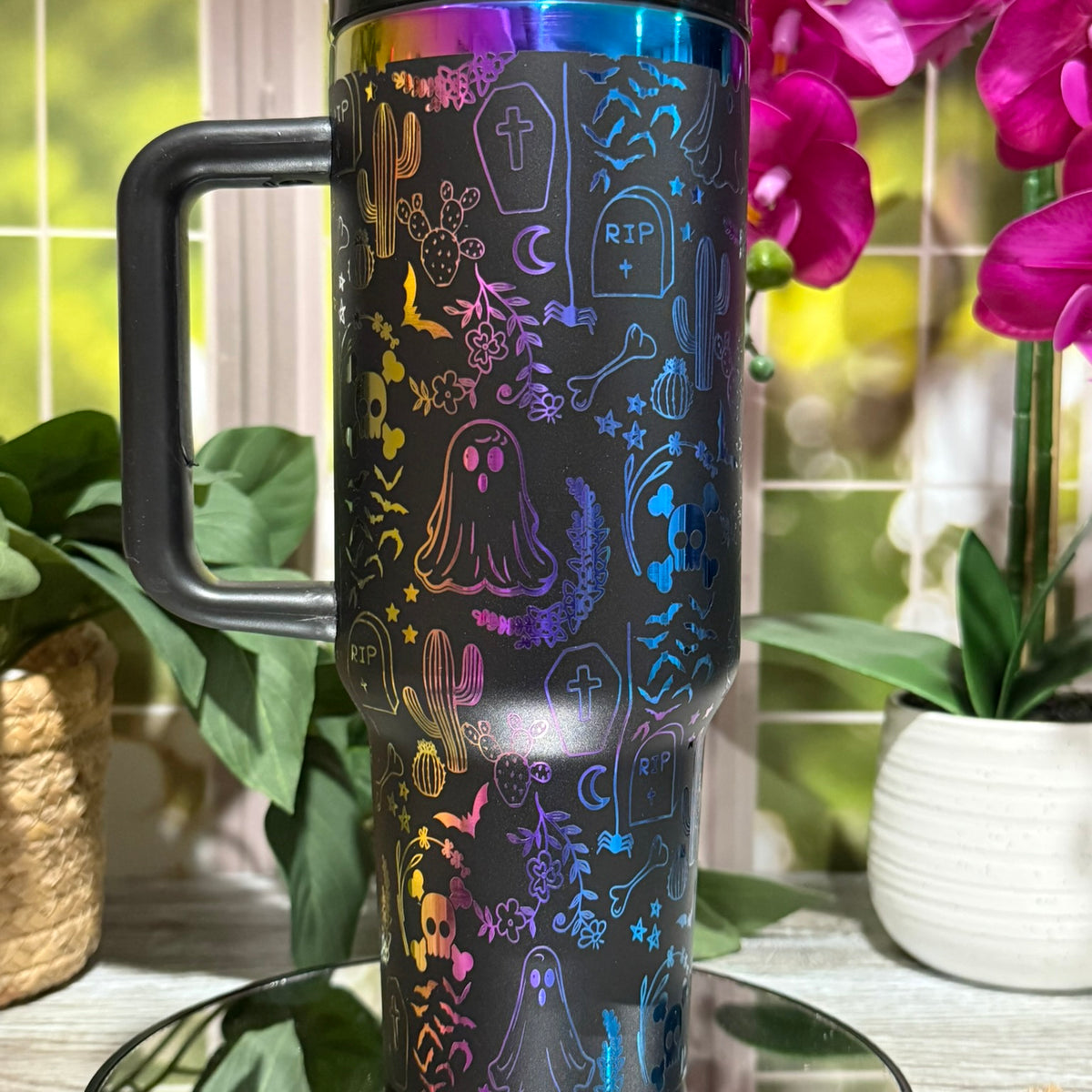 Halloween Ghost Doodles 40oz Black Rainbow Tumbler Cup with Handle – laser engraved, Ready to Ship