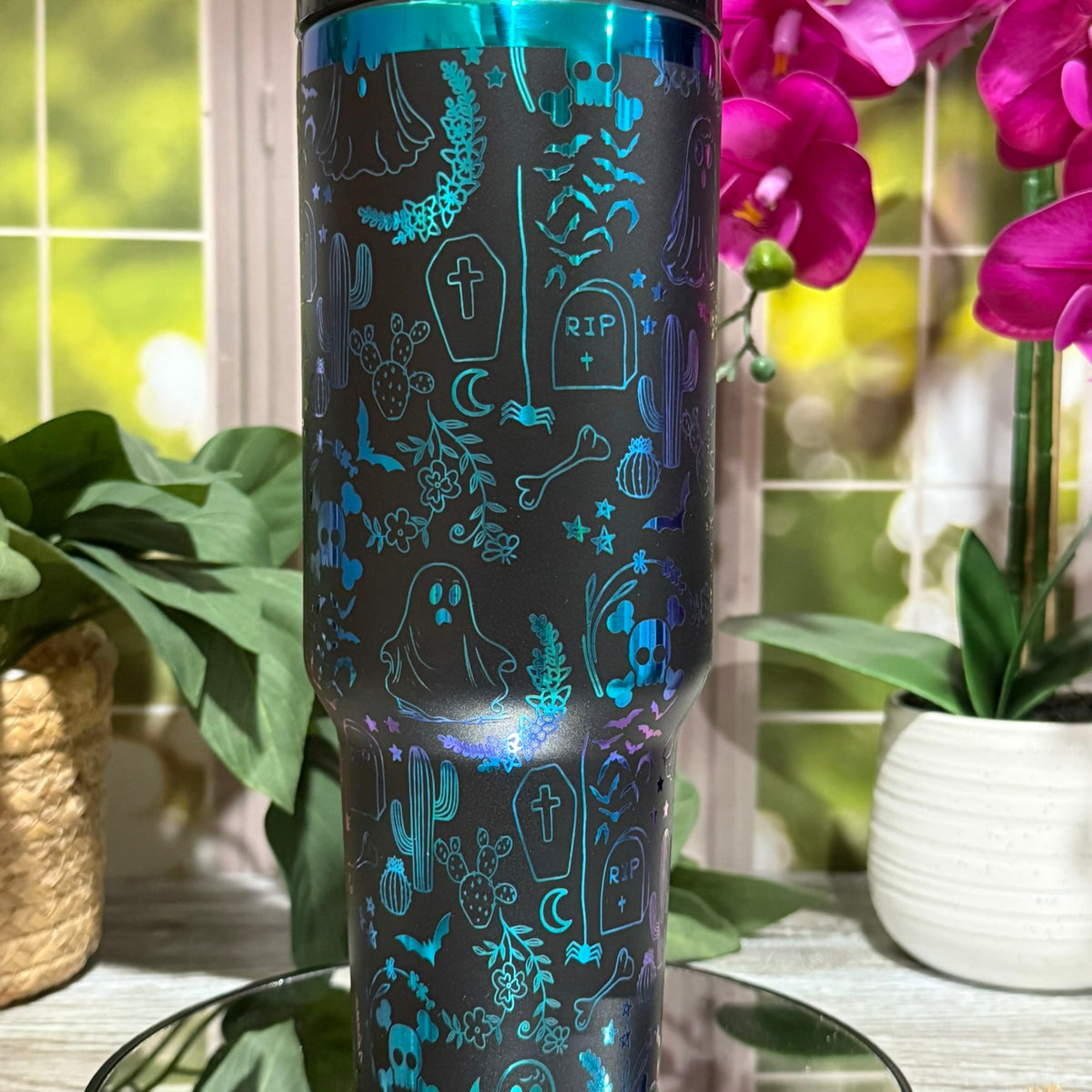 Halloween Ghost Doodles 40oz Black Rainbow Tumbler Cup with Handle – laser engraved, Ready to Ship