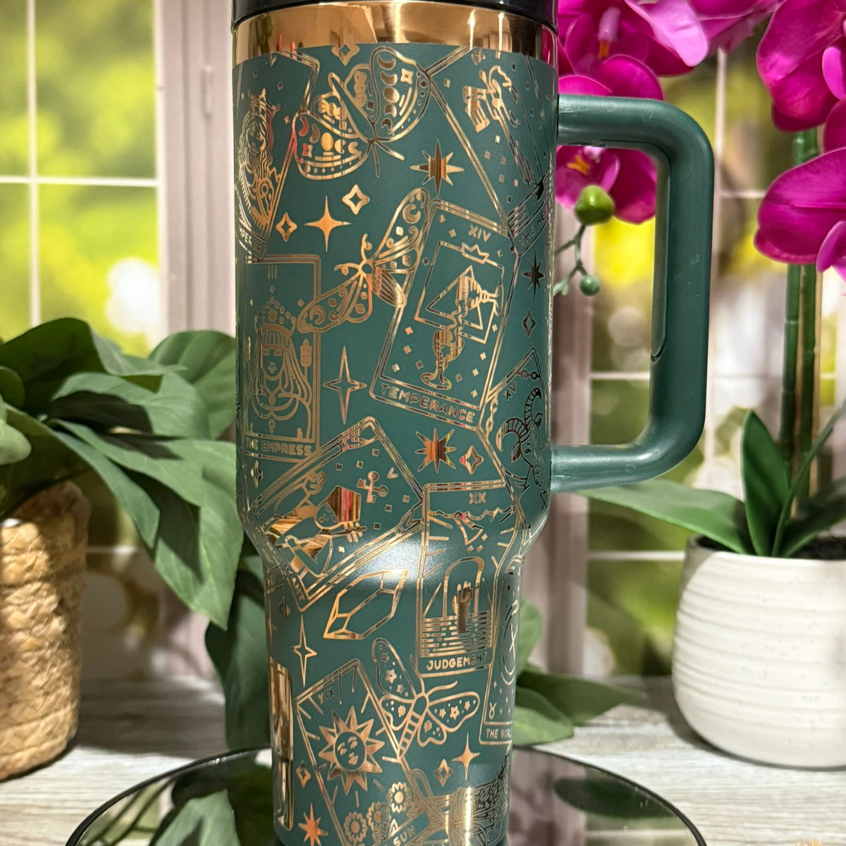 40oz forest green and copper stainless steel tumbler cup with handle, laser engraved with tarot card and celestial designs – ready to ship.