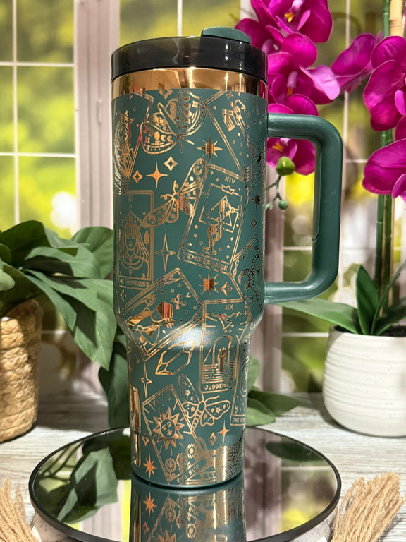 40oz forest green and copper stainless steel tumbler cup with handle, laser engraved with tarot card and celestial designs – ready to ship.