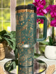 40oz forest green and copper stainless steel tumbler cup with handle, laser engraved with tarot card and celestial designs – ready to ship.