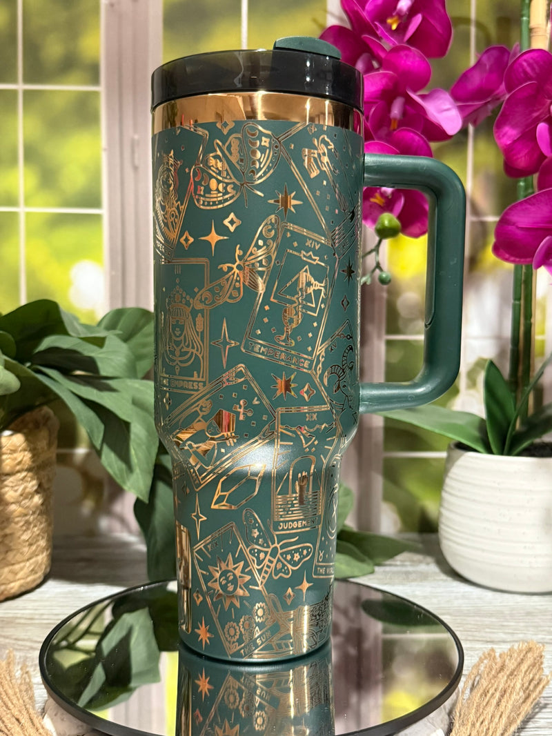 40oz forest green and copper stainless steel tumbler cup with handle, laser engraved with tarot card and celestial designs – ready to ship.