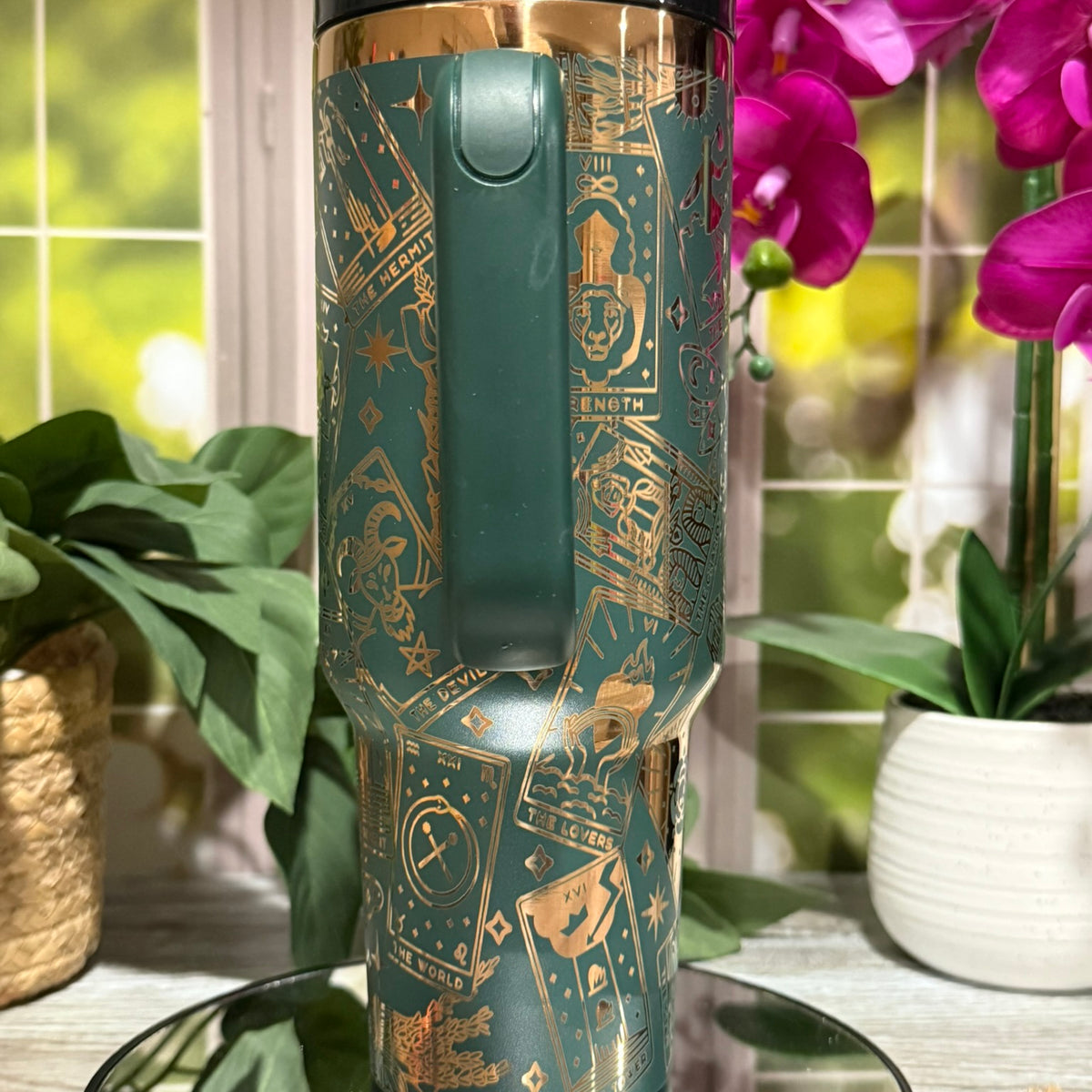 Tarot Cards 40oz Forest Green Copper Tumbler Cup with Handle – laser engraved Mystical Design, Ready to Ship