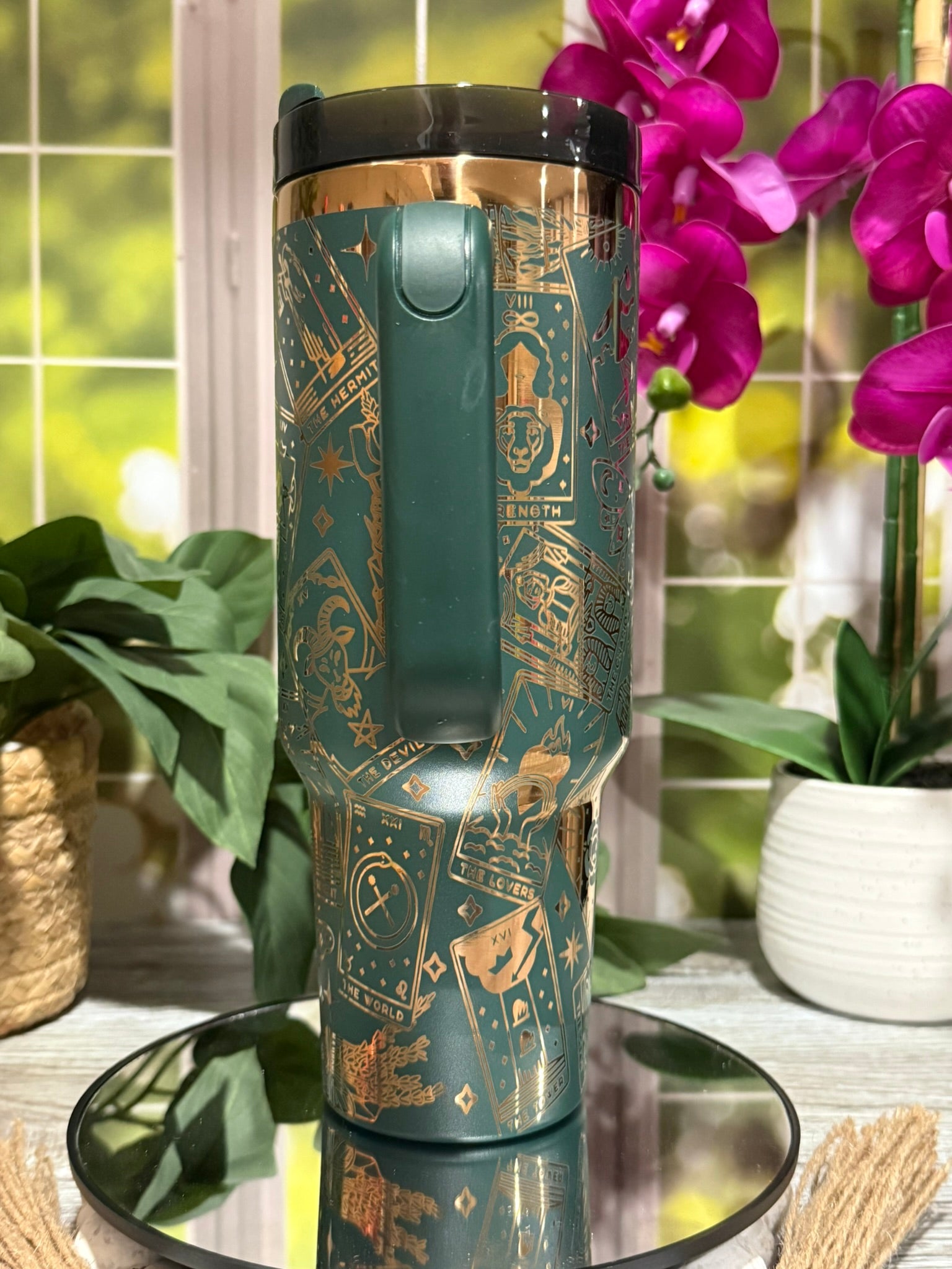 Tarot Cards 40oz Forest Green Copper Tumbler Cup with Handle – Laser Engraved Mystical Design, Ready to Ship