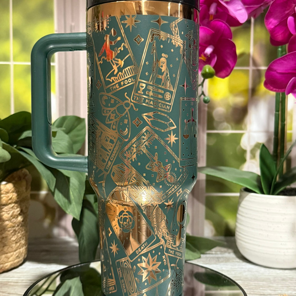 Tarot Cards 40oz Forest Green Copper Tumbler Cup with Handle – laser engraved Mystical Design, Ready to Ship