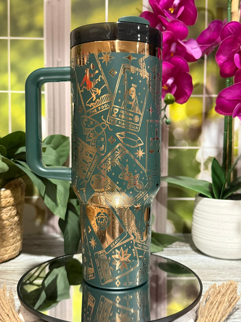 Tarot Cards 40oz Forest Green Copper Tumbler Cup with Handle – laser engraved Mystical Design, Ready to Ship