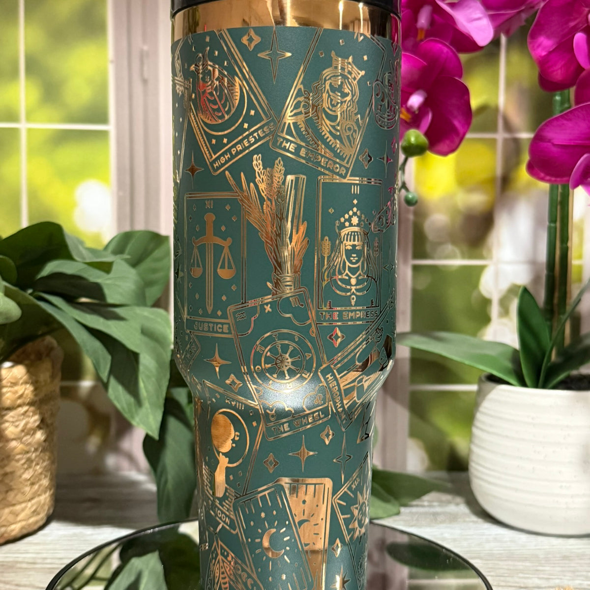 Tarot Cards 40oz Forest Green Copper Tumbler Cup with Handle – laser engraved Mystical Design, Ready to Ship