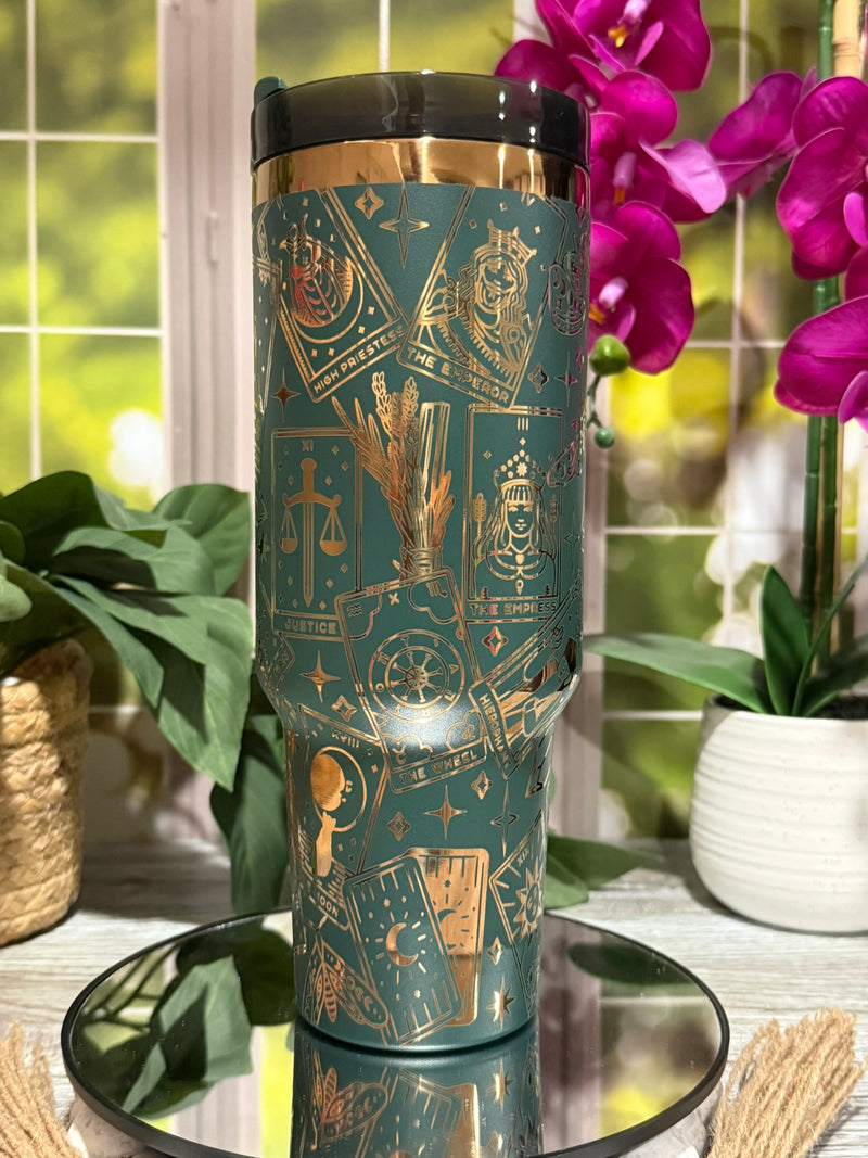 Tarot Cards 40oz Forest Green Copper Tumbler Cup with Handle – laser engraved Mystical Design, Ready to Ship