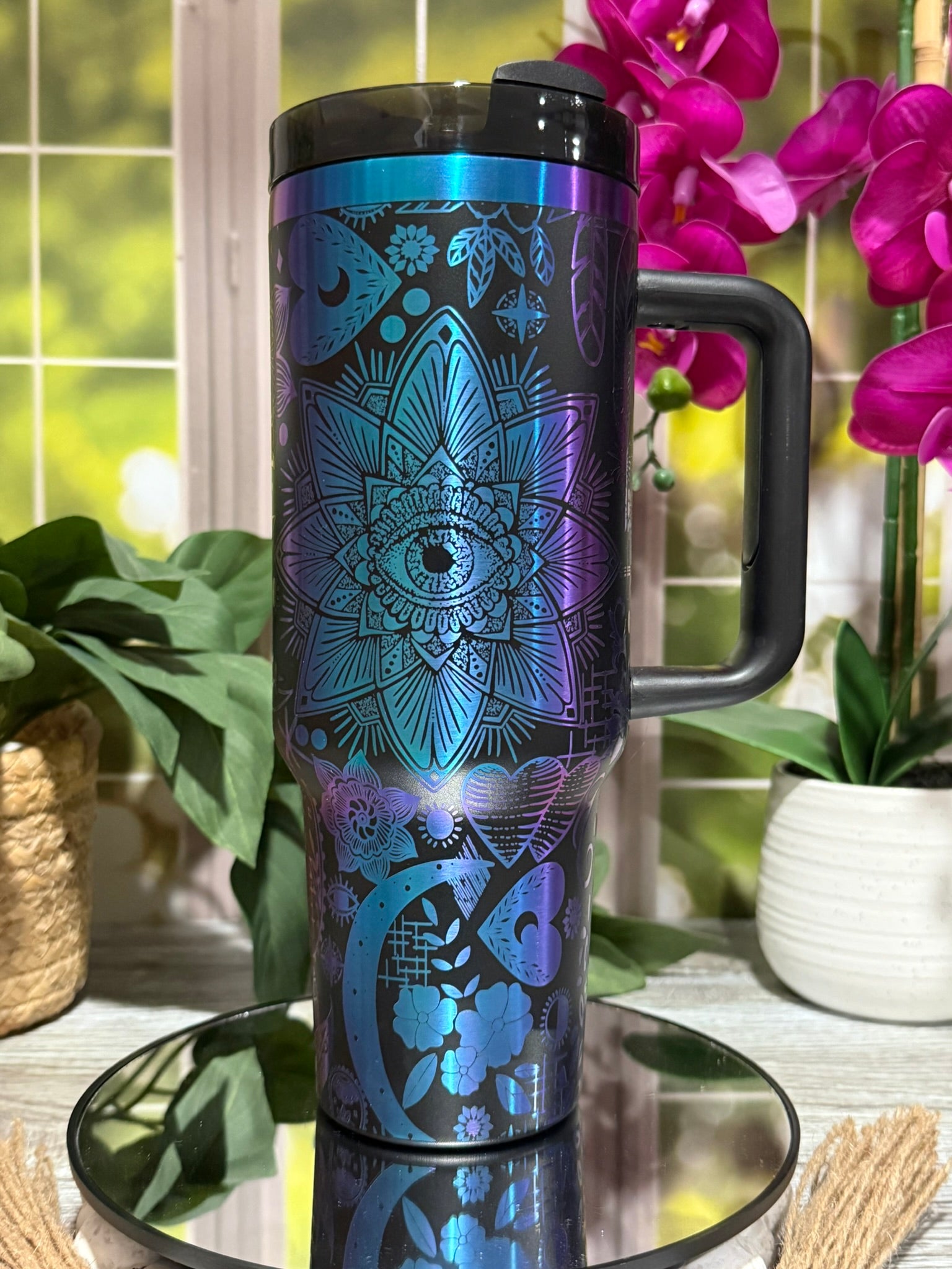 40oz black chromatic stainless steel tumbler cup with handle, laser engraved with boho mandalas, hearts, and floral doodles – ready to ship.