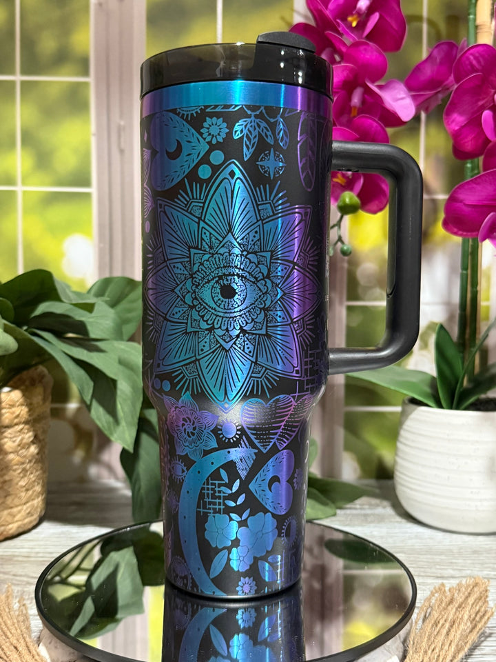 40oz black chromatic stainless steel tumbler cup with handle, laser engraved with boho mandalas, hearts, and floral doodles – ready to ship.