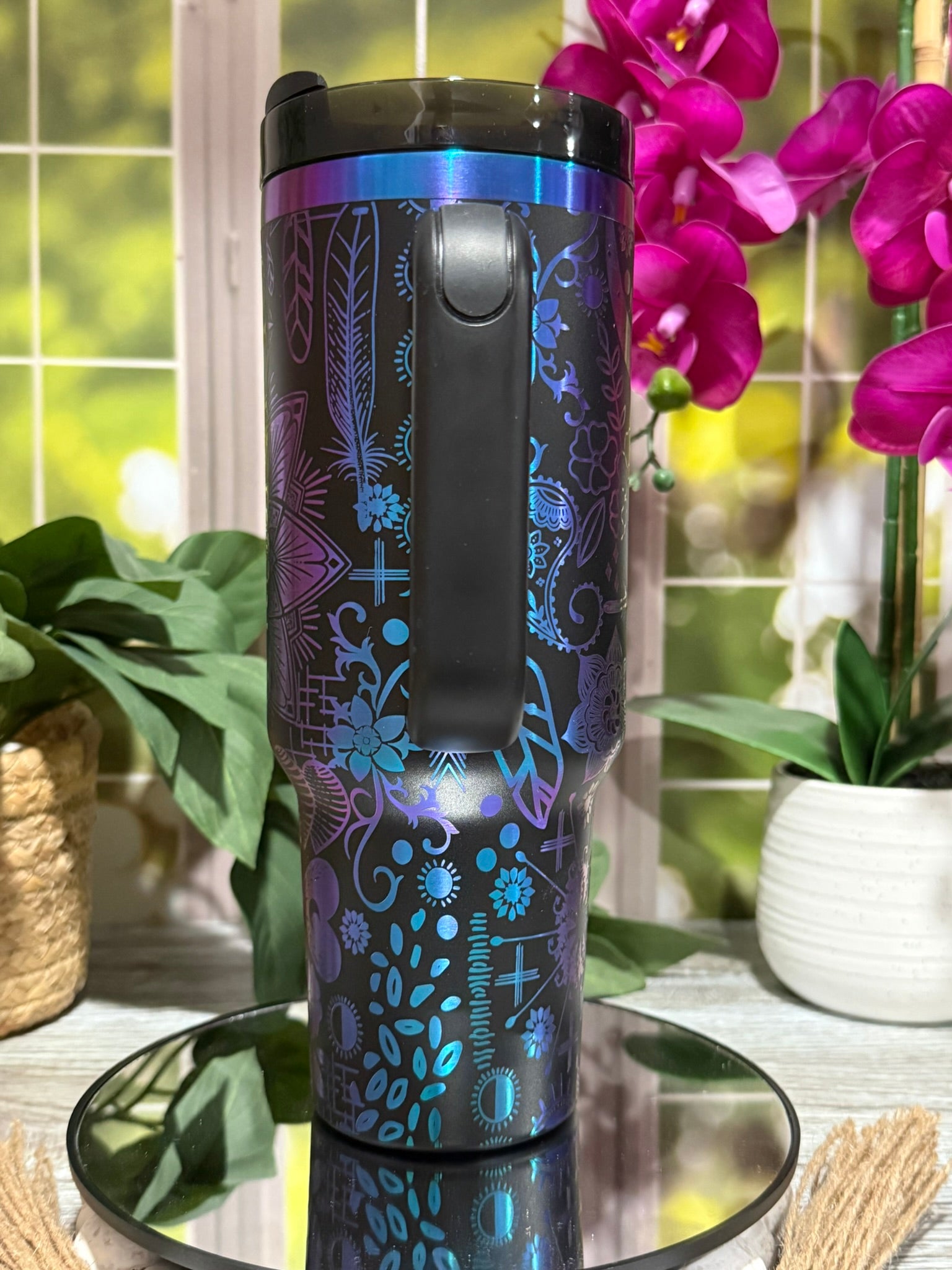 Boho Love Doodles 40oz Black Chromatic Tumbler Cup with Handle – Laser Engraved Mandala & Hearts, Ready to Ship