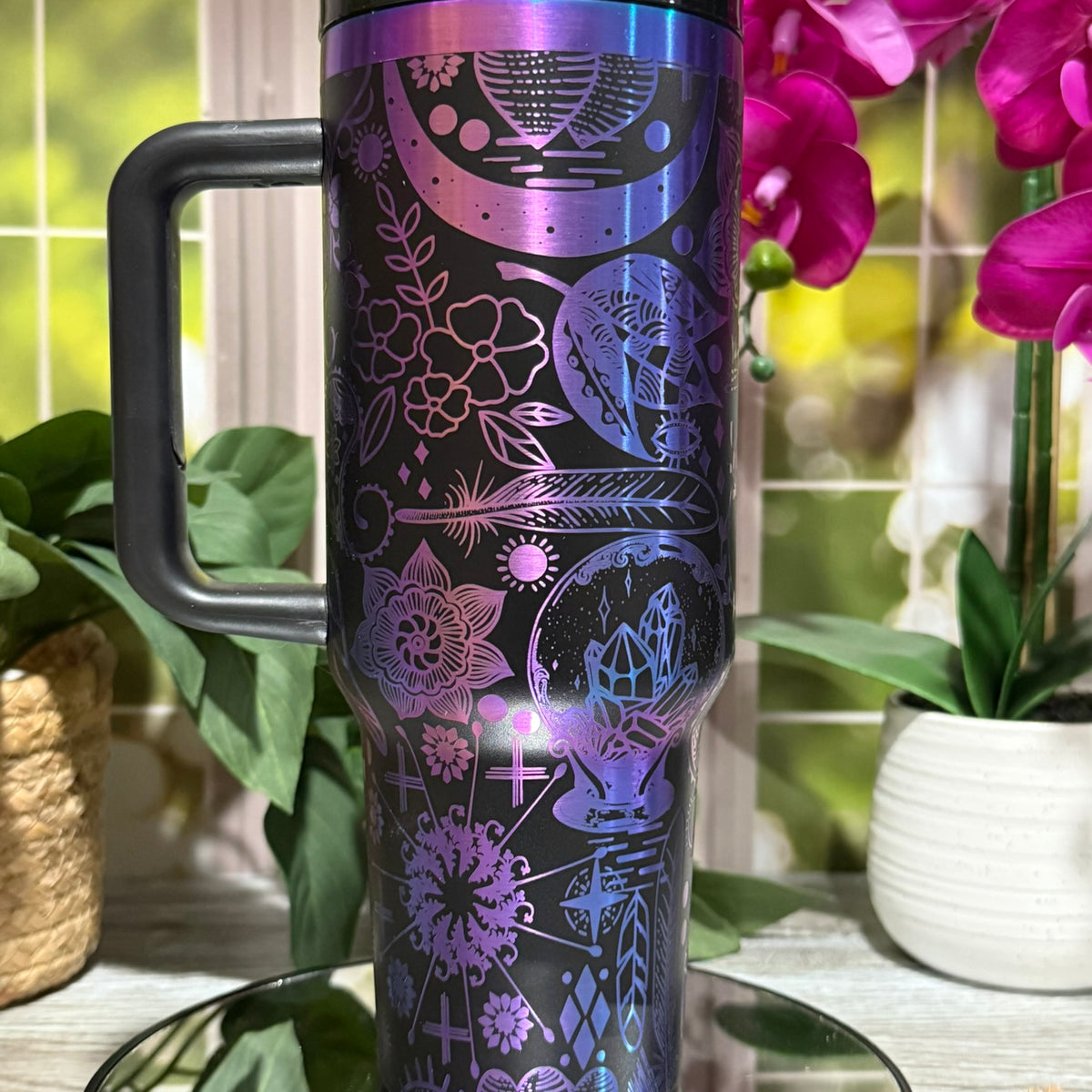 Boho Love Doodles 40oz Black Chromatic Tumbler Cup with Handle – laser engraved Mandala & Hearts, Ready to Ship