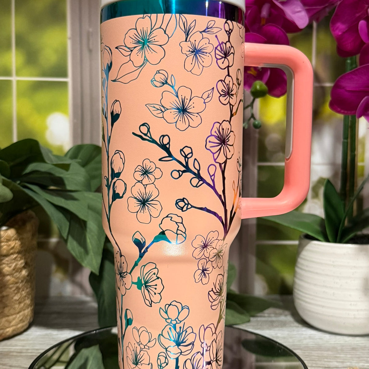 40oz peach rainbow stainless steel tumbler cup with handle, laser engraved with cherry blossom Sakura blooms floral design – ready to ship.
