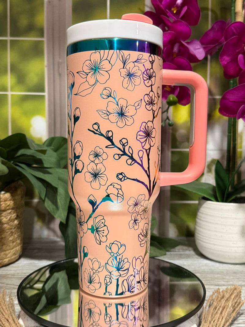 40oz peach rainbow stainless steel tumbler cup with handle, laser engraved with cherry blossom Sakura blooms floral design – ready to ship.