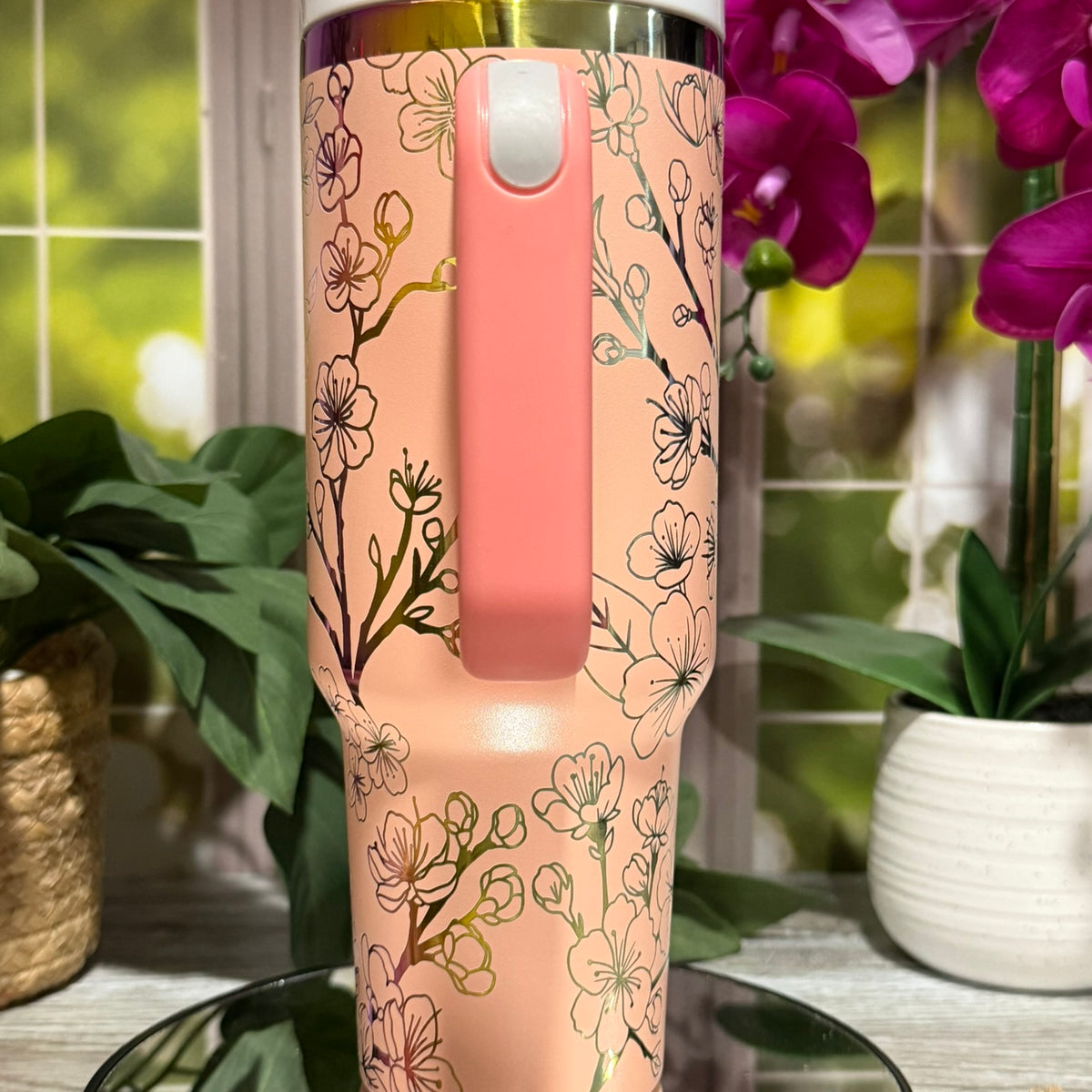 Sakura Blooms 40oz Peach Rainbow Tumbler Cup with Handle – laser engraved Cherry Blossom Design, Ready to Ship