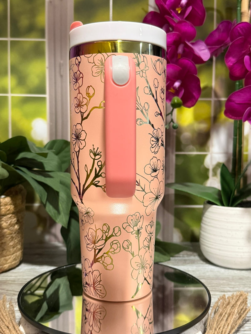Sakura Blooms 40oz Peach Rainbow Tumbler Cup with Handle – laser engraved Cherry Blossom Design, Ready to Ship