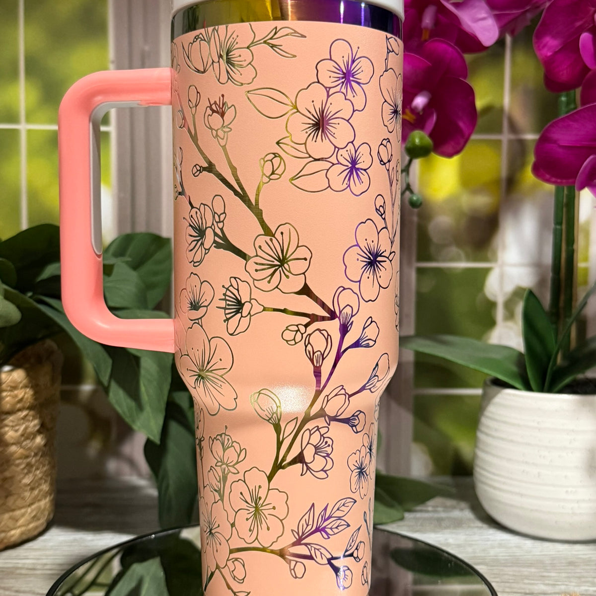 Sakura Blooms 40oz Peach Rainbow Tumbler Cup with Handle – laser engraved Cherry Blossom Design, Ready to Ship