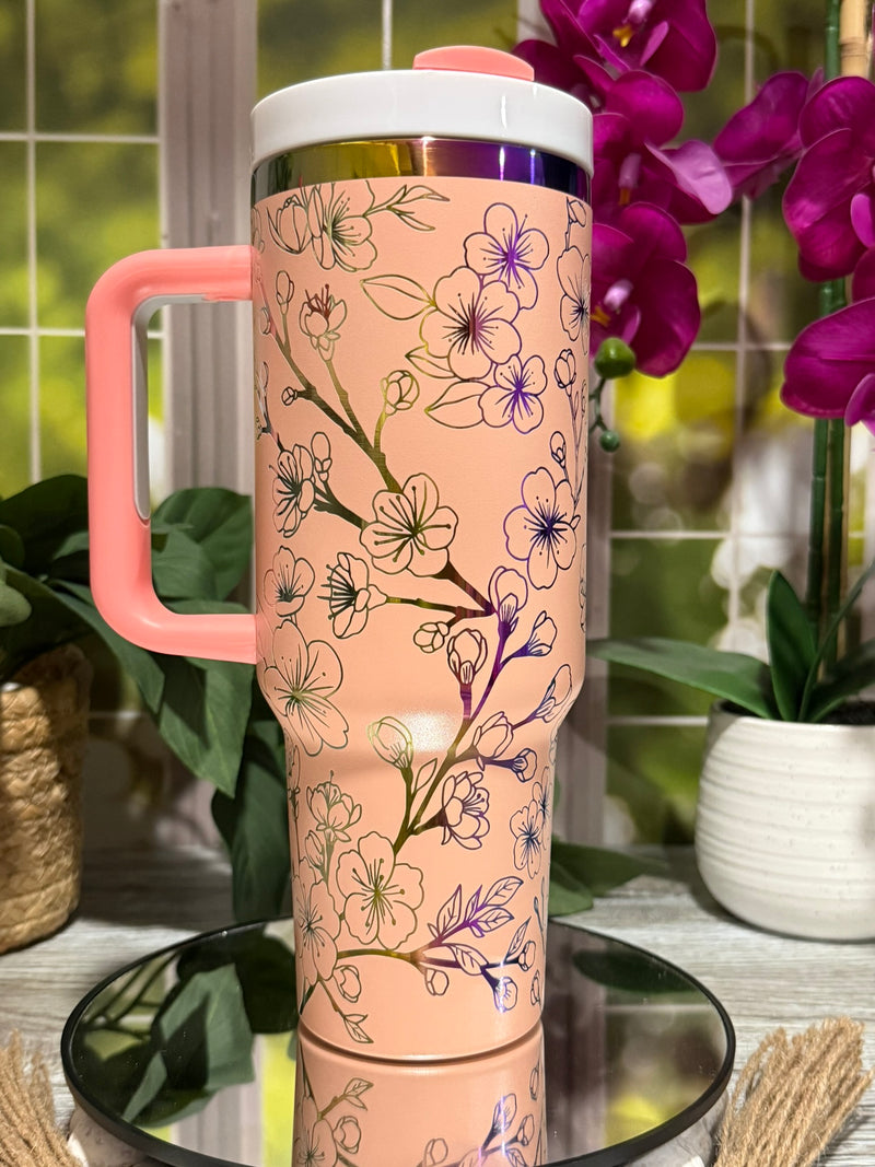 Sakura Blooms 40oz Peach Rainbow Tumbler Cup with Handle – laser engraved Cherry Blossom Design, Ready to Ship
