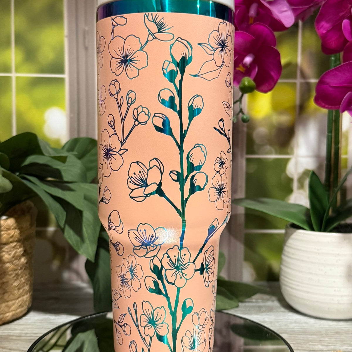 Sakura Blooms 40oz Peach Rainbow Tumbler Cup with Handle – laser engraved Cherry Blossom Design, Ready to Ship