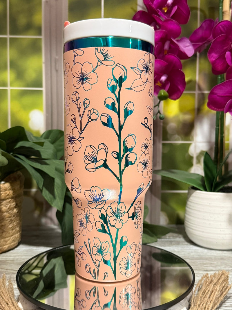 Sakura Blooms 40oz Peach Rainbow Tumbler Cup with Handle – laser engraved Cherry Blossom Design, Ready to Ship