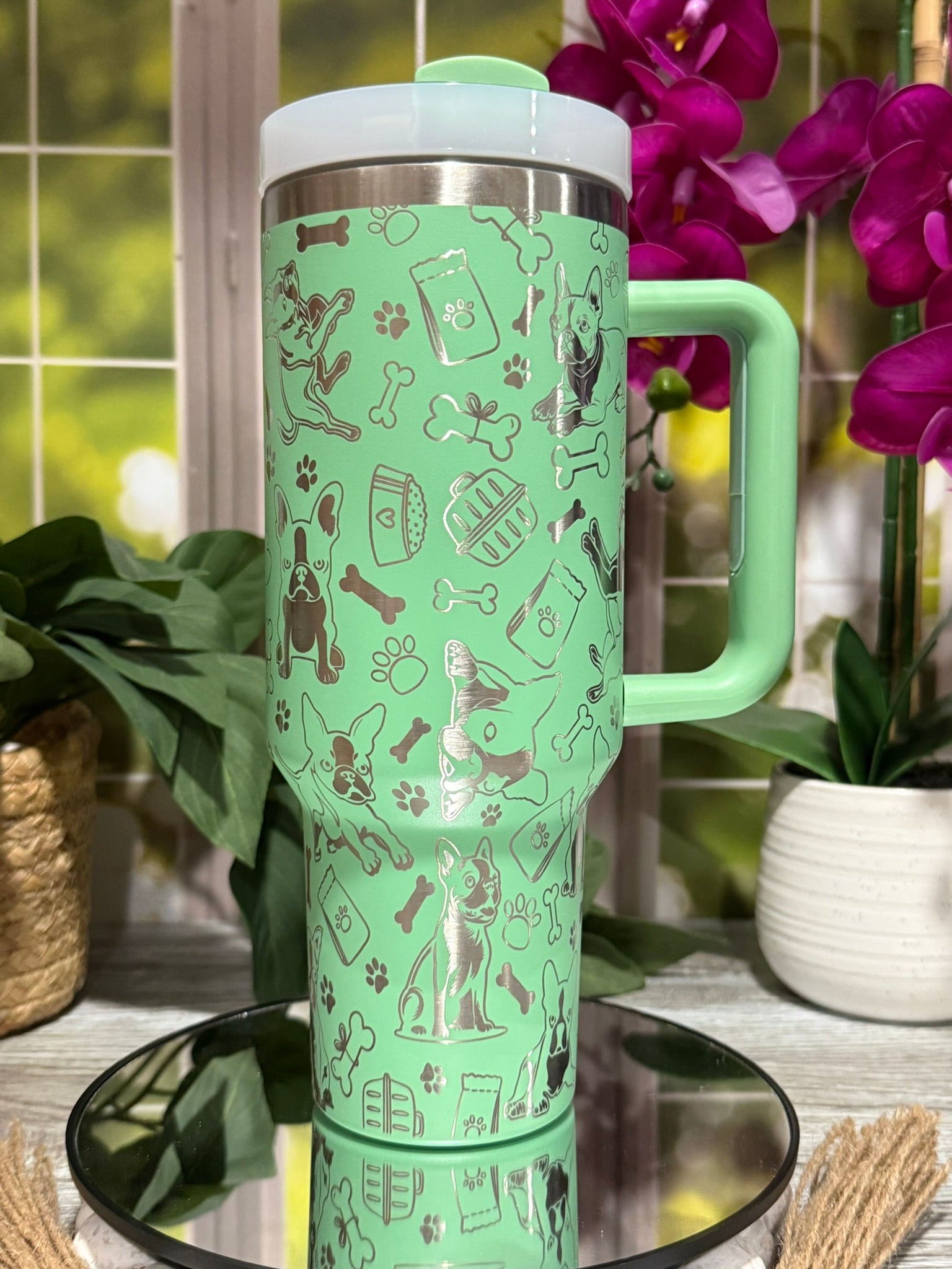 40oz jade stainless steel tumbler cup with handle, laser engraved with Boston Terrier doodles, paw prints, and bones – ready to ship.