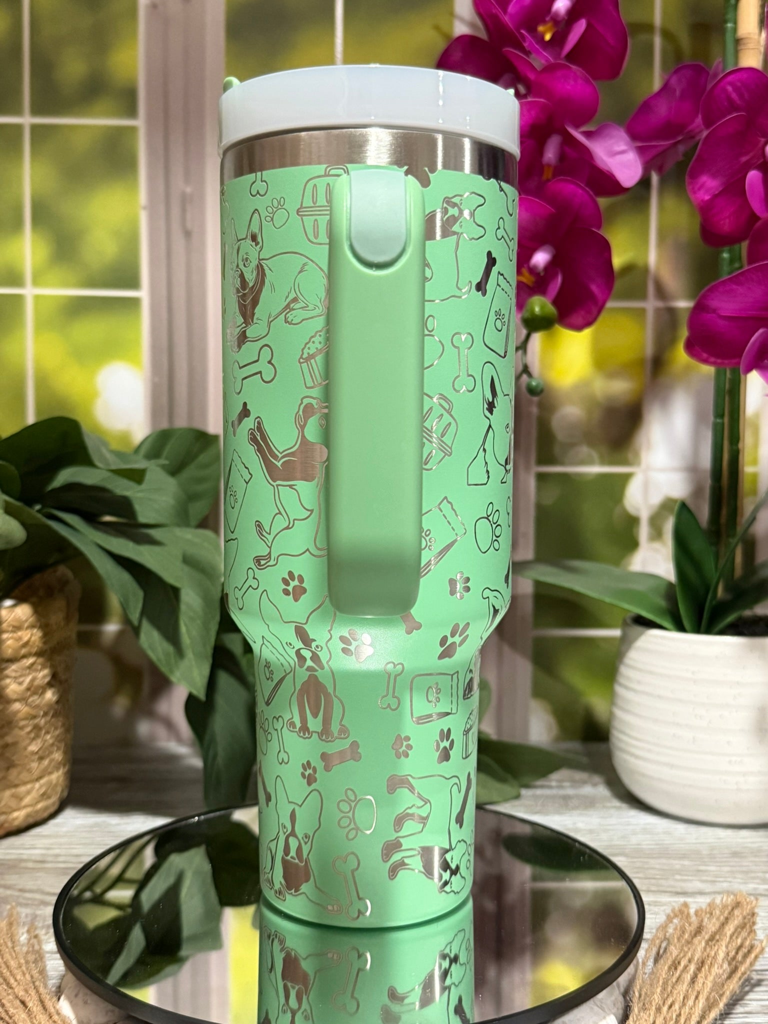 Boston Terrier Doodles 40oz Jade Tumbler Cup with Handle – Laser Engraved Dog Lover Cup, Ready to Ship