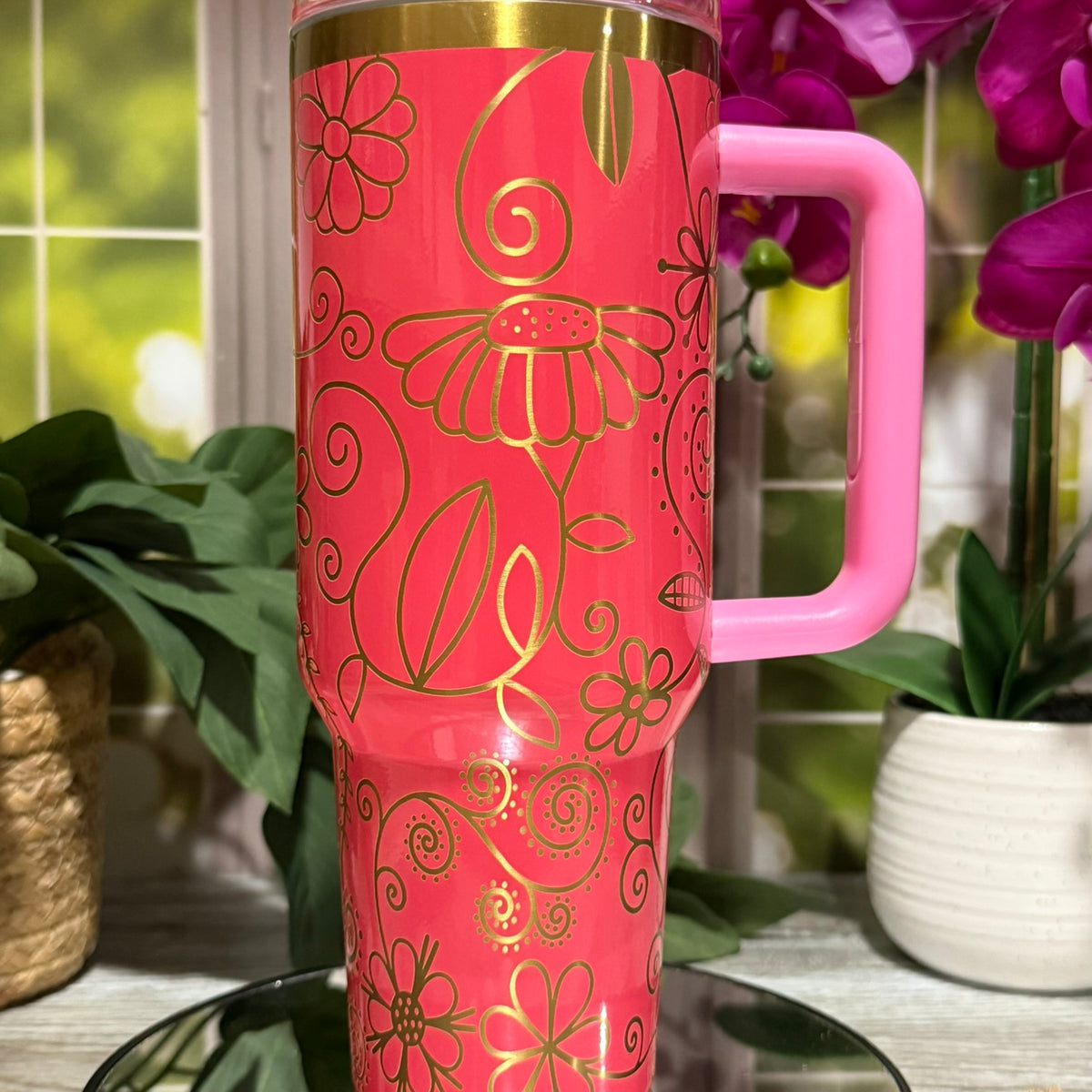 40oz procession pink stainless steel tumbler cup with handle, laser engraved with Spring Swirl floral and swirl design in gold finish – ready to ship.
