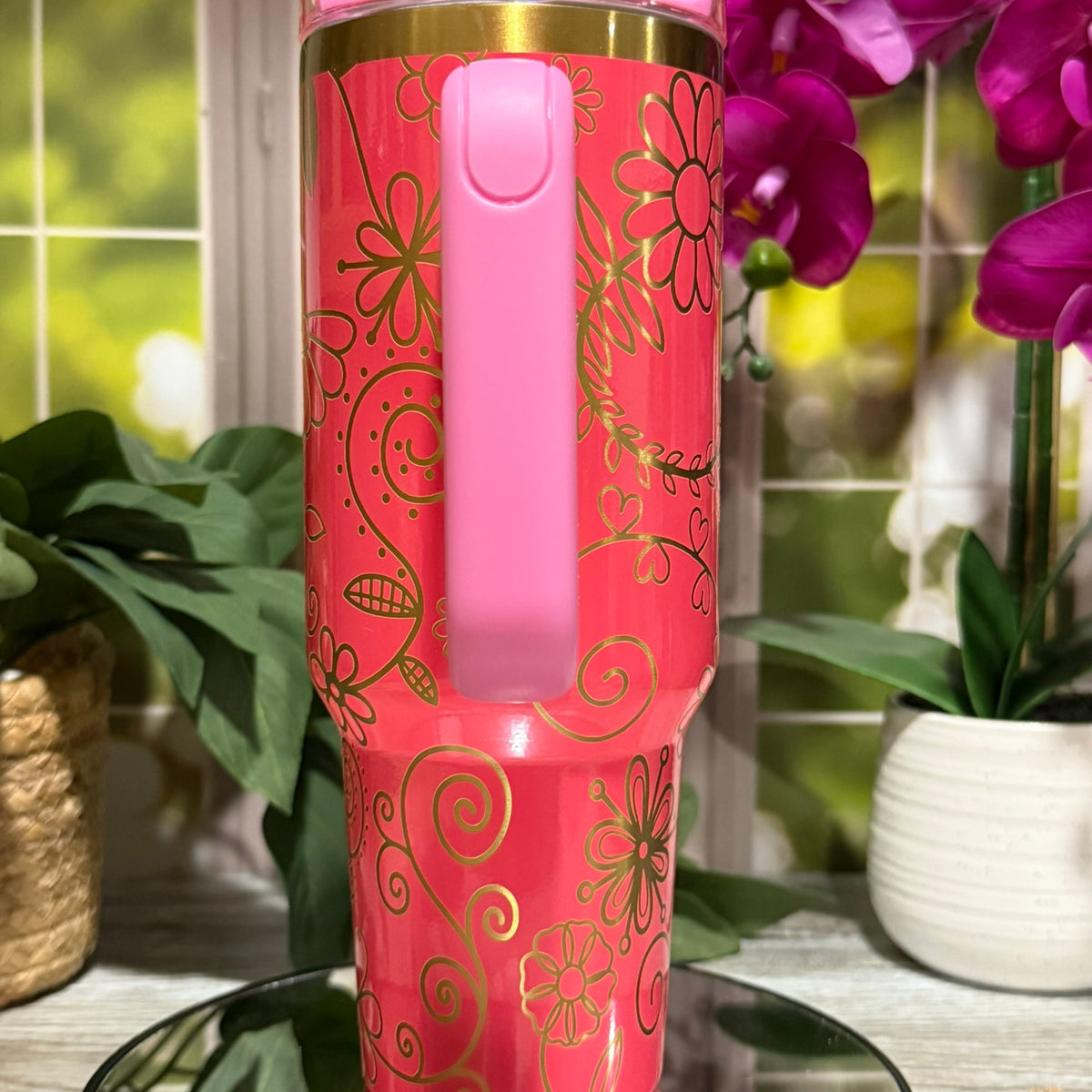 Spring Swirl 40oz Procession Pink Tumbler Cup with Handle – laser engraved Floral Gold Design, Ready to Ship
