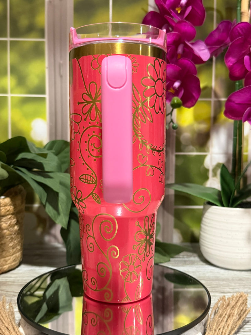 Spring Swirl 40oz Procession Pink Tumbler Cup with Handle – laser engraved Floral Gold Design, Ready to Ship