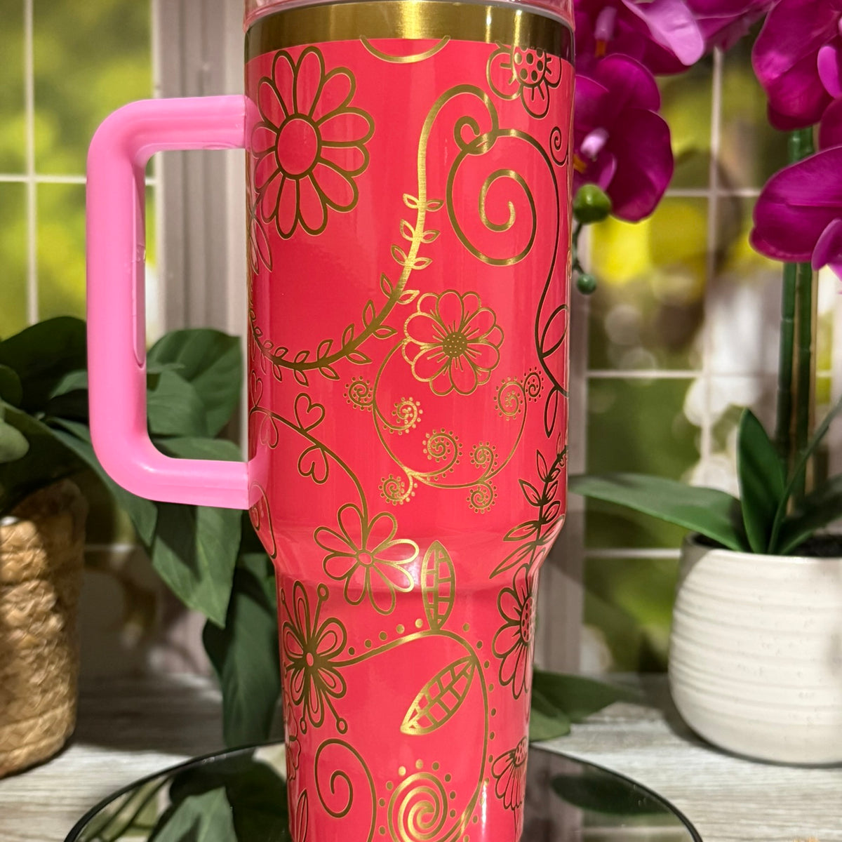 Spring Swirl 40oz Procession Pink Tumbler Cup with Handle – laser engraved Floral Gold Design, Ready to Ship