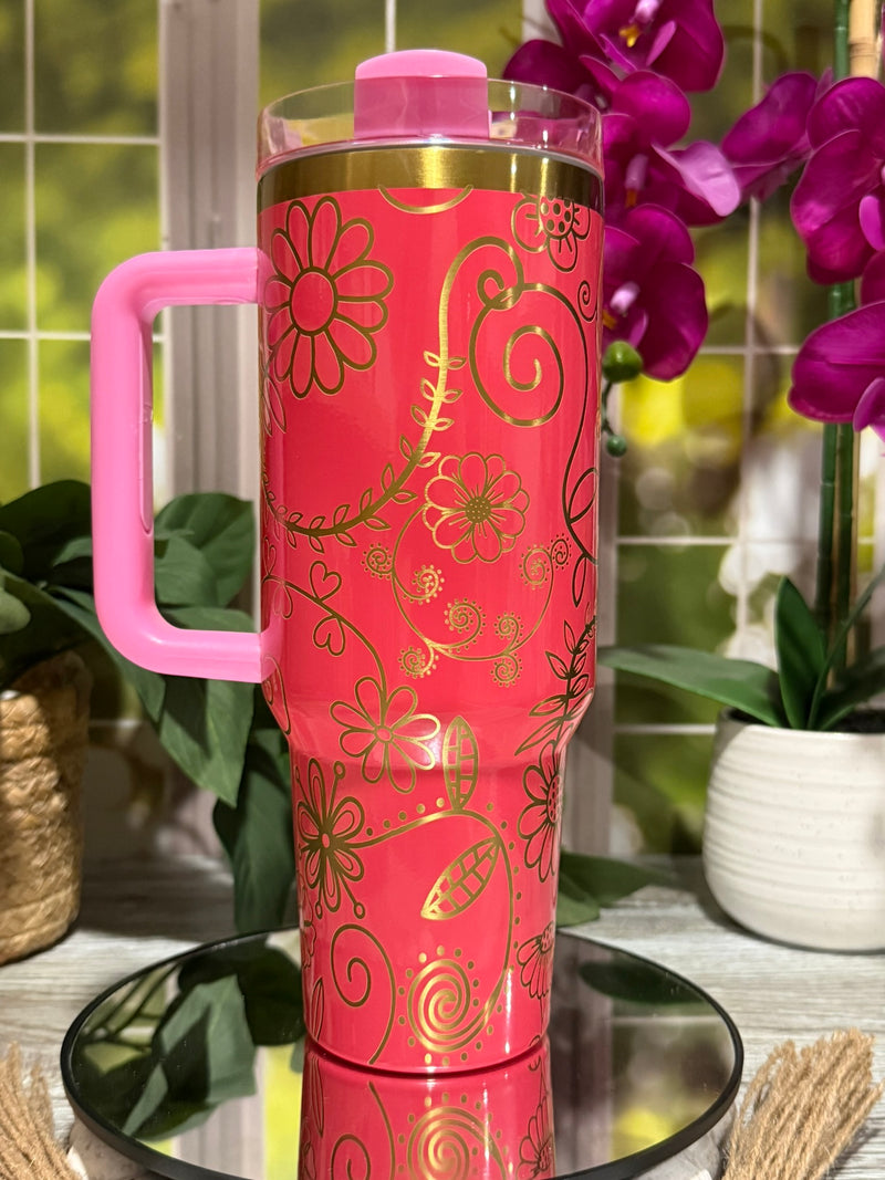 Spring Swirl 40oz Procession Pink Tumbler Cup with Handle – laser engraved Floral Gold Design, Ready to Ship