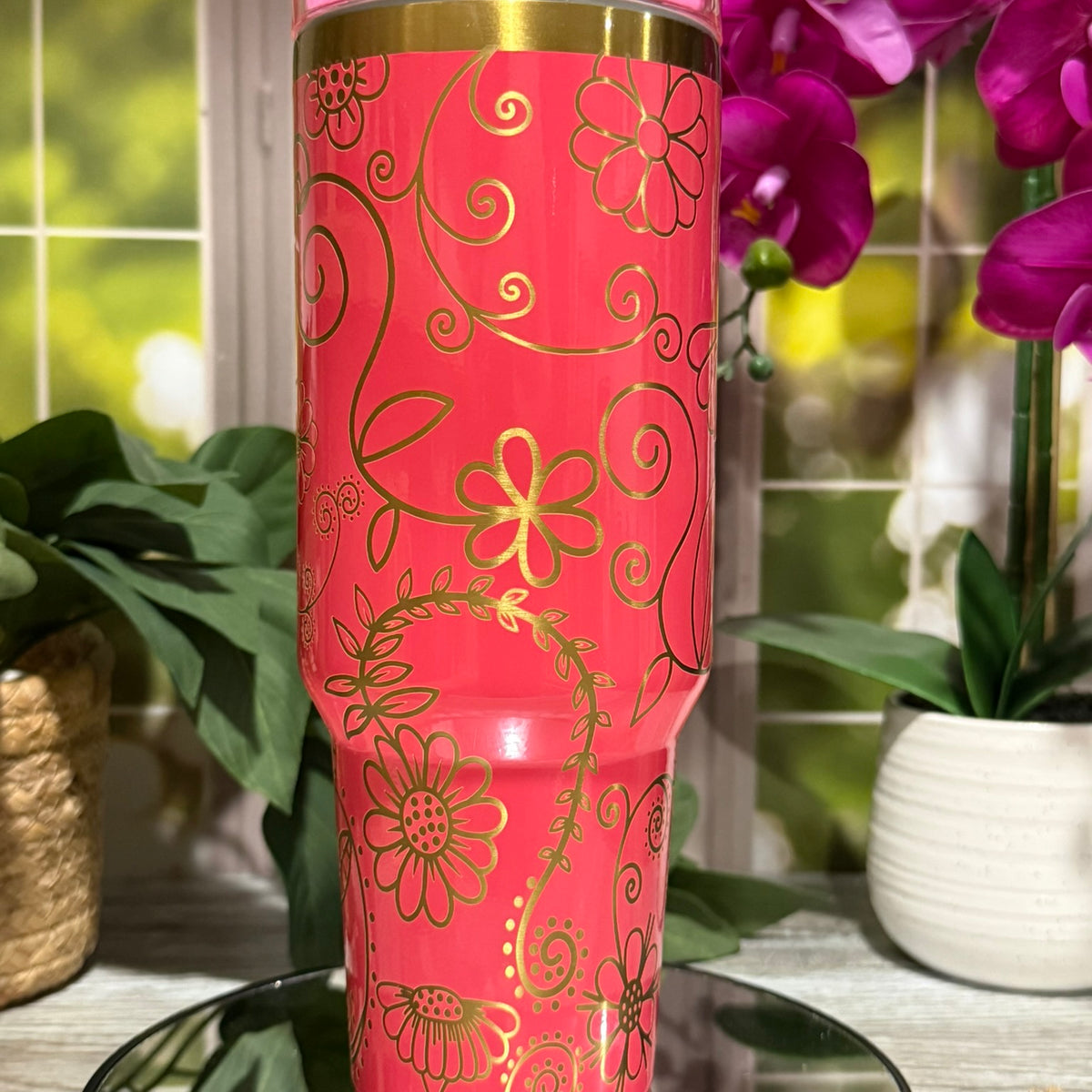 Spring Swirl 40oz Procession Pink Tumbler Cup with Handle – laser engraved Floral Gold Design, Ready to Ship