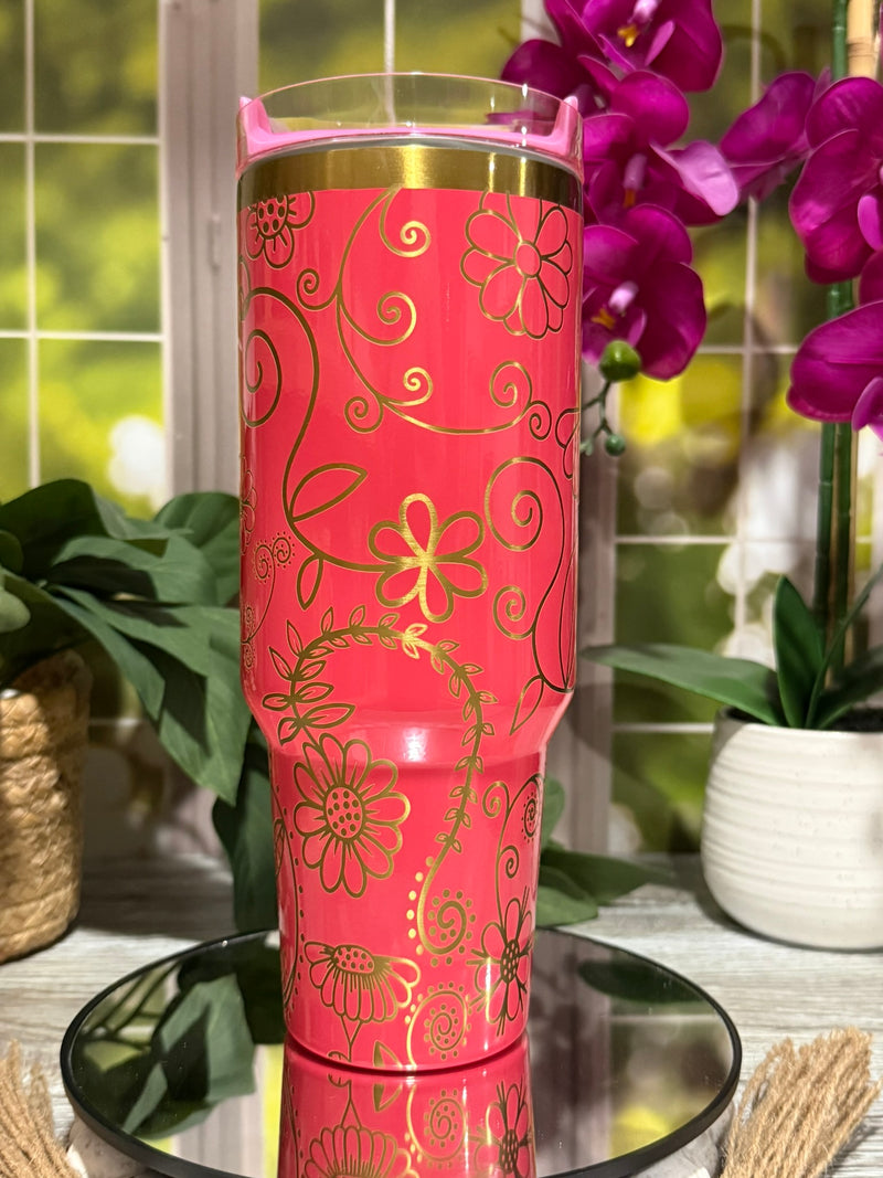 Spring Swirl 40oz Procession Pink Tumbler Cup with Handle – laser engraved Floral Gold Design, Ready to Ship