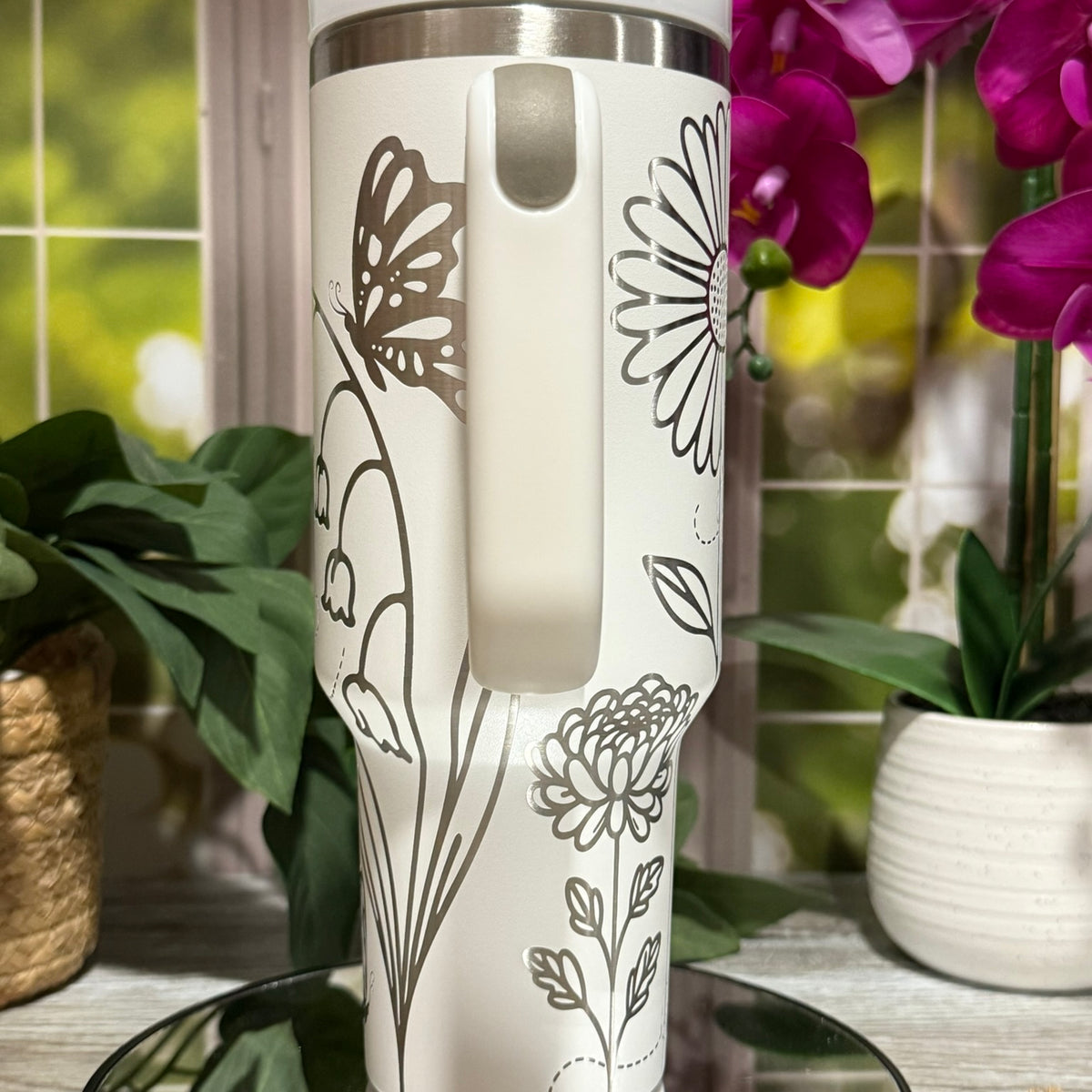 Floral Bees & Butterflies 40oz White Tumbler Cup with Handle – laser engraved Spring Design, Ready to Ship