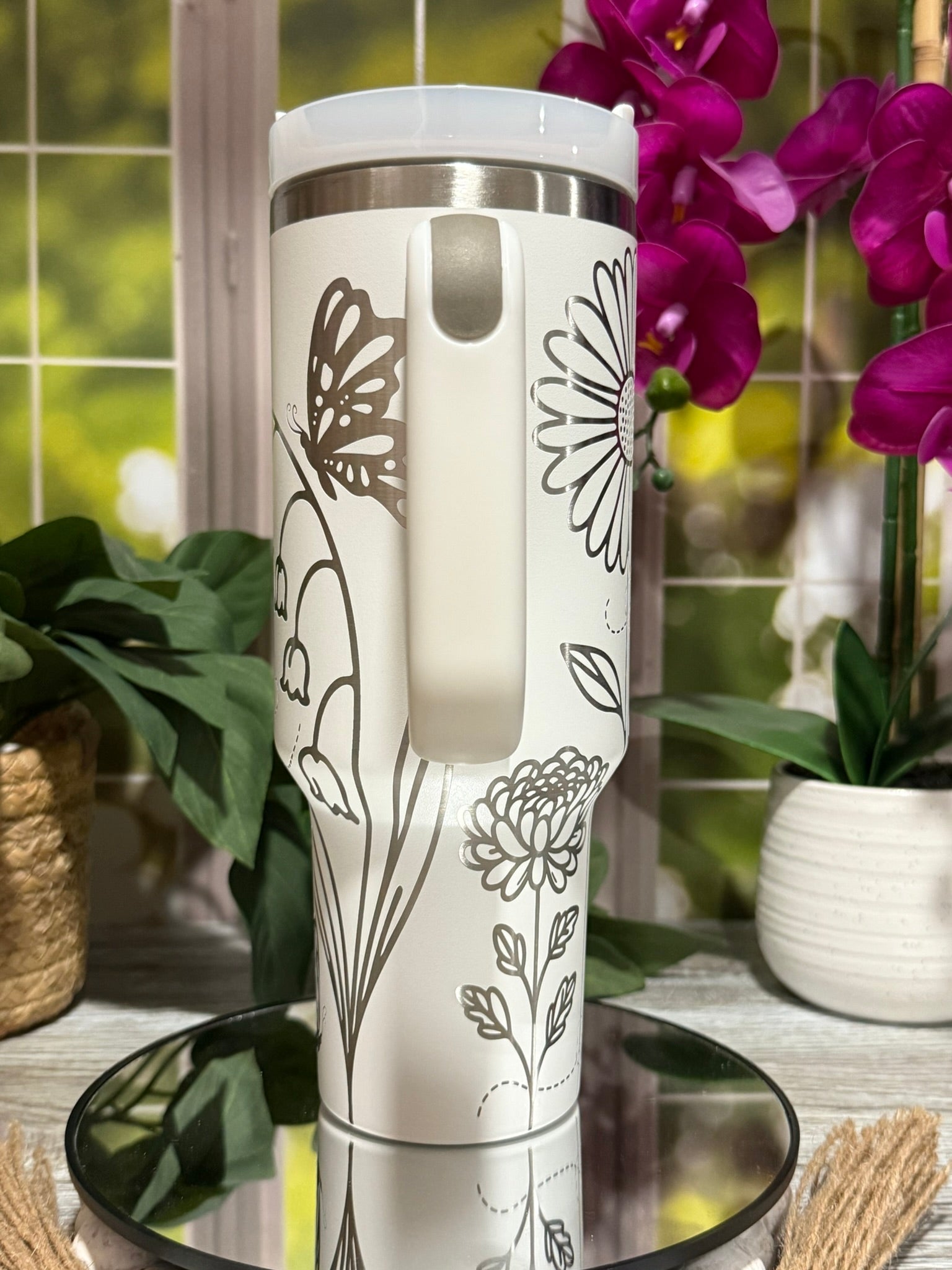 Floral Bees & Butterflies 40oz White Tumbler Cup with Handle – Laser Engraved Spring Design, Ready to Ship