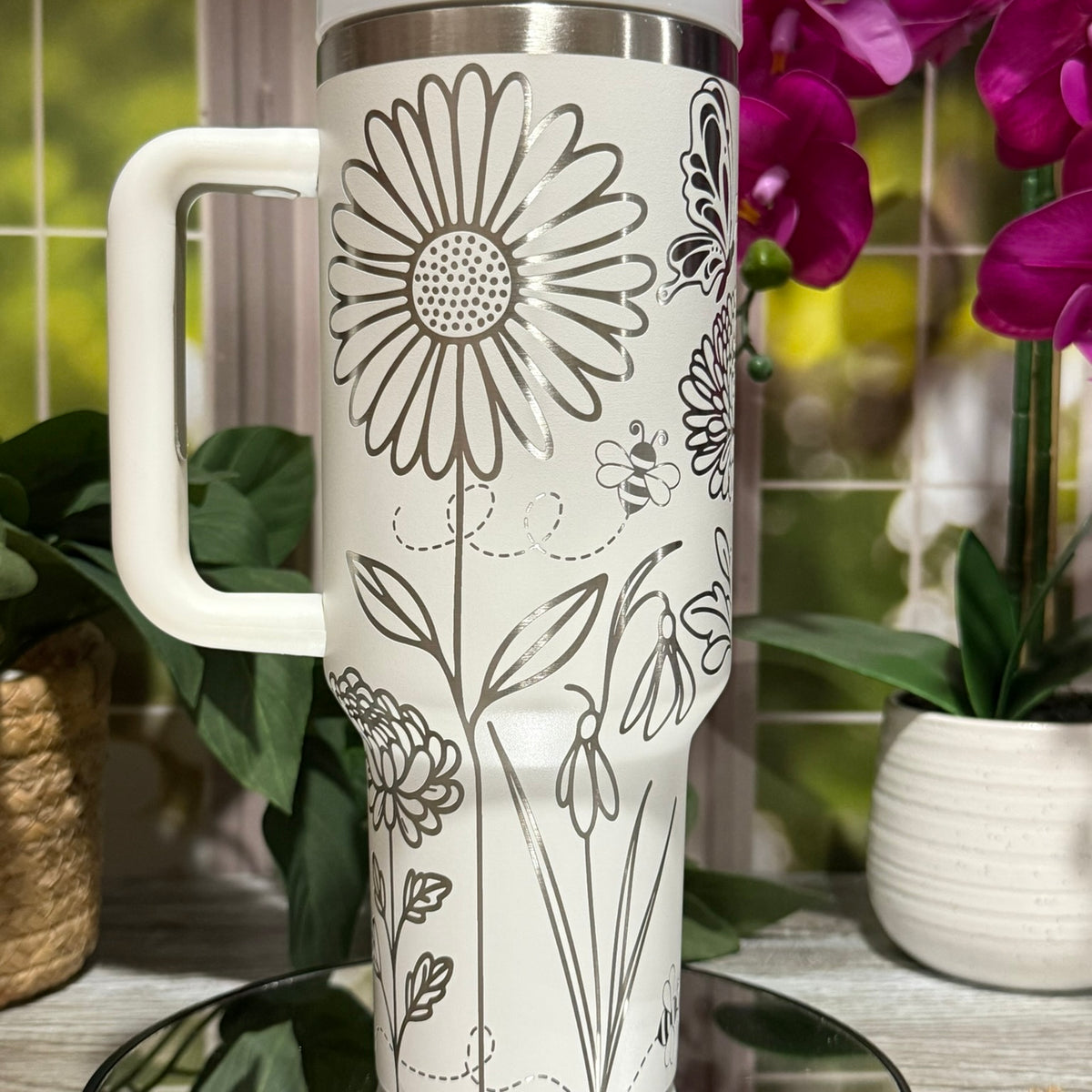 Floral Bees & Butterflies 40oz White Tumbler Cup with Handle – laser engraved Spring Design, Ready to Ship