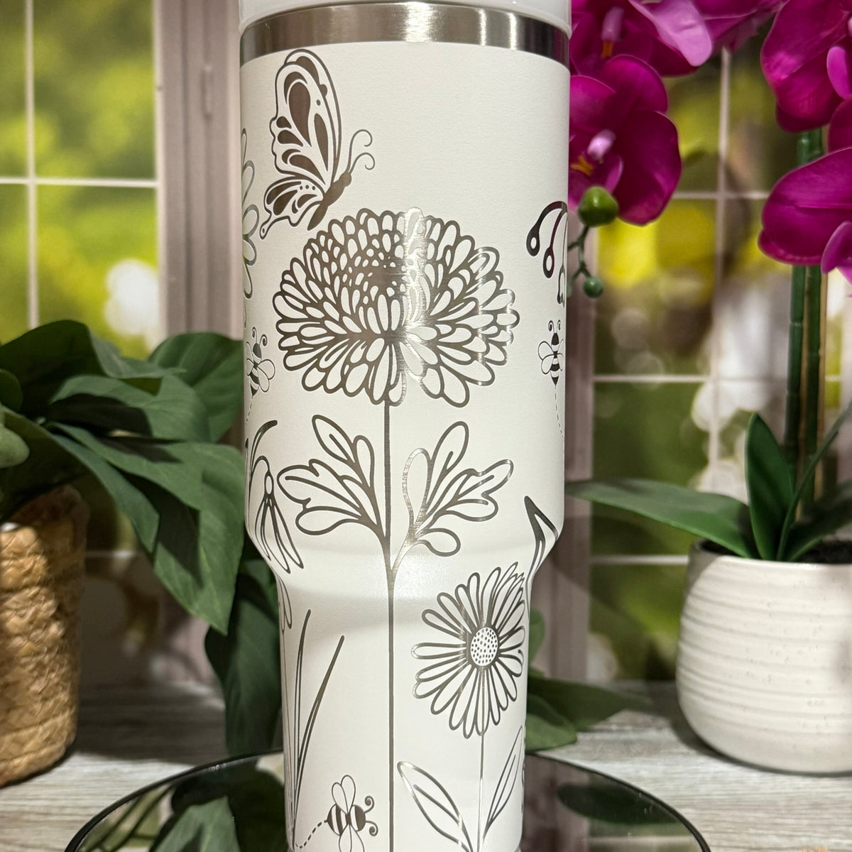 Floral Bees & Butterflies 40oz White Tumbler Cup with Handle – laser engraved Spring Design, Ready to Ship
