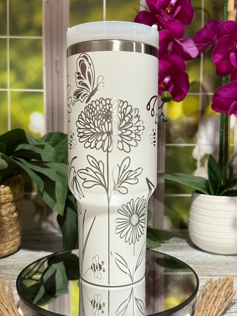 Floral Bees & Butterflies 40oz White Tumbler Cup with Handle – laser engraved Spring Design, Ready to Ship