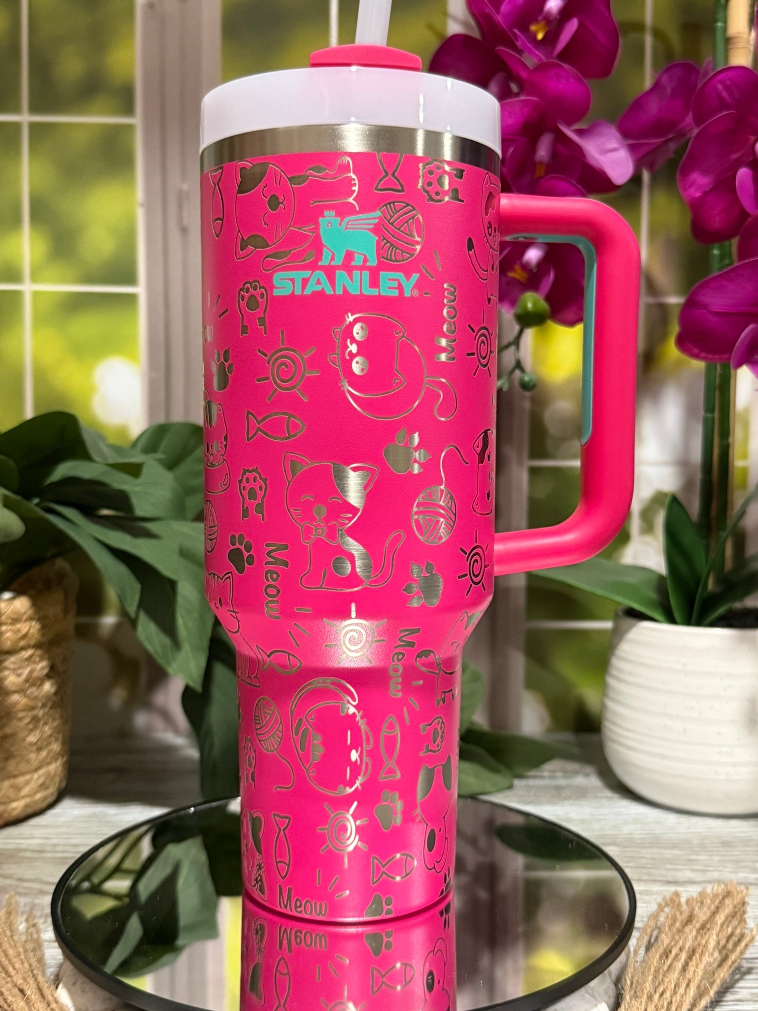 40oz Stanley Passion Pink tumbler cup with handle, laser engraved with Cat Doodles design including cats, paw prints, fish, and yarn – ready to ship.