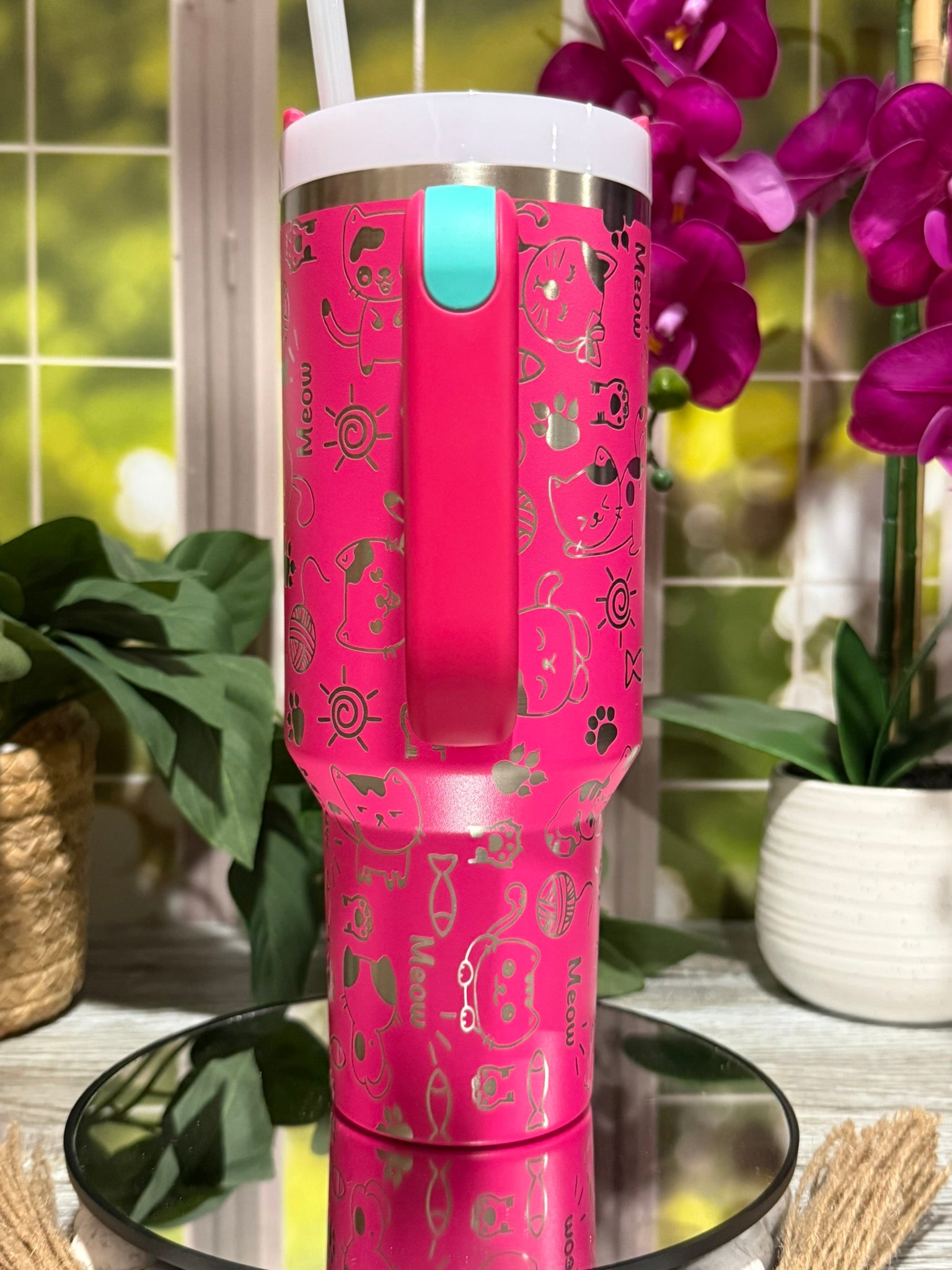 Cat Doodles 40oz Stanley Passion Pink Tumbler Cup with Handle – Laser Engraved Cat Lover Cup, Ready to Ship