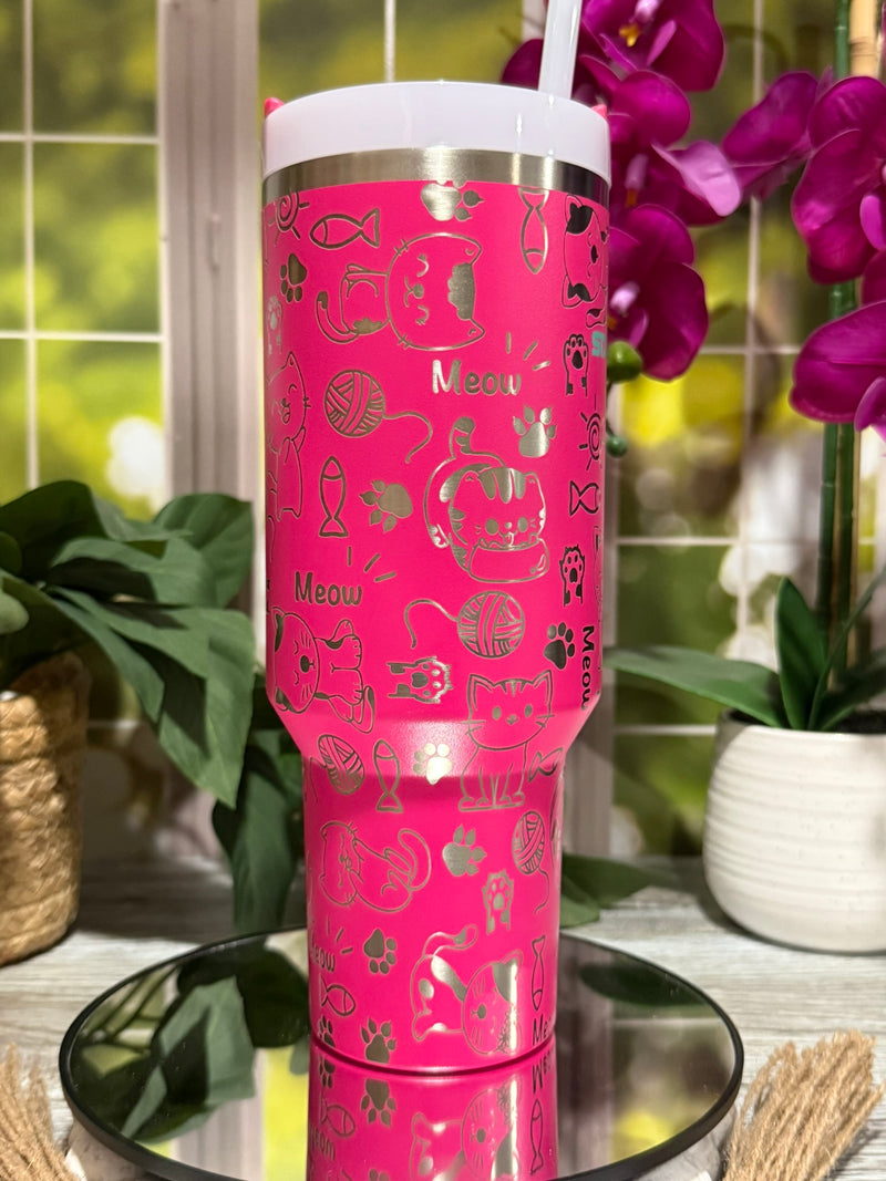 Cat Doodles 40oz Stanley Passion Pink Tumbler Cup with Handle – laser engraved Cat Lover Cup, Ready to Ship