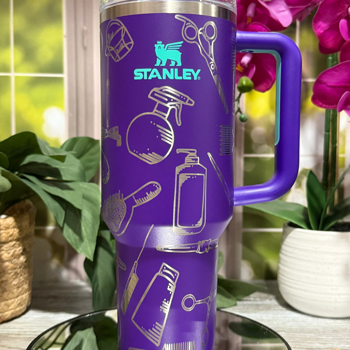 40oz Stanley Deep Purple tumbler cup with handle, laser engraved with hairstylist and esthetician salon tools design – ready to ship.