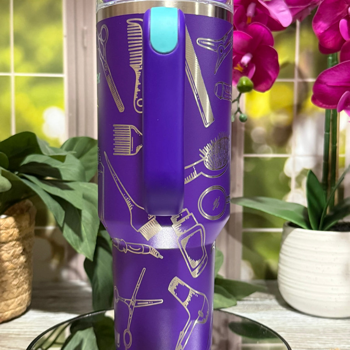 Hairstylist & Esthetician 40oz Stanley Deep Purple Tumbler Cup with Handle – laser engraved Salon Tools Design, Ready to Ship