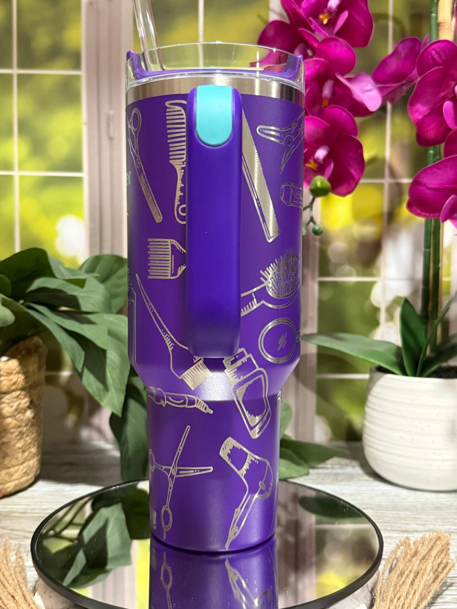 Hairstylist & Esthetician 40oz Stanley Deep Purple Tumbler Cup with Handle – Laser Engraved Salon Tools Design, Ready to Ship