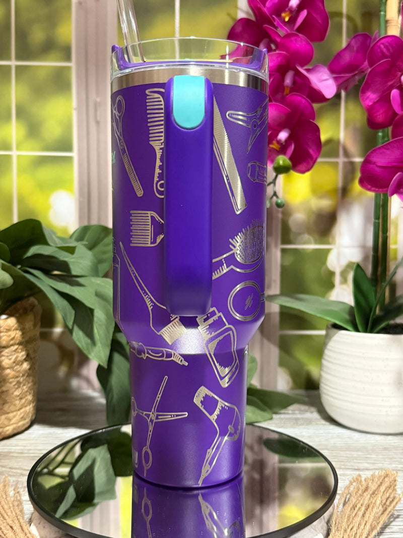 Hairstylist & Esthetician 40oz Stanley Deep Purple Tumbler Cup with Handle – laser engraved Salon Tools Design, Ready to Ship