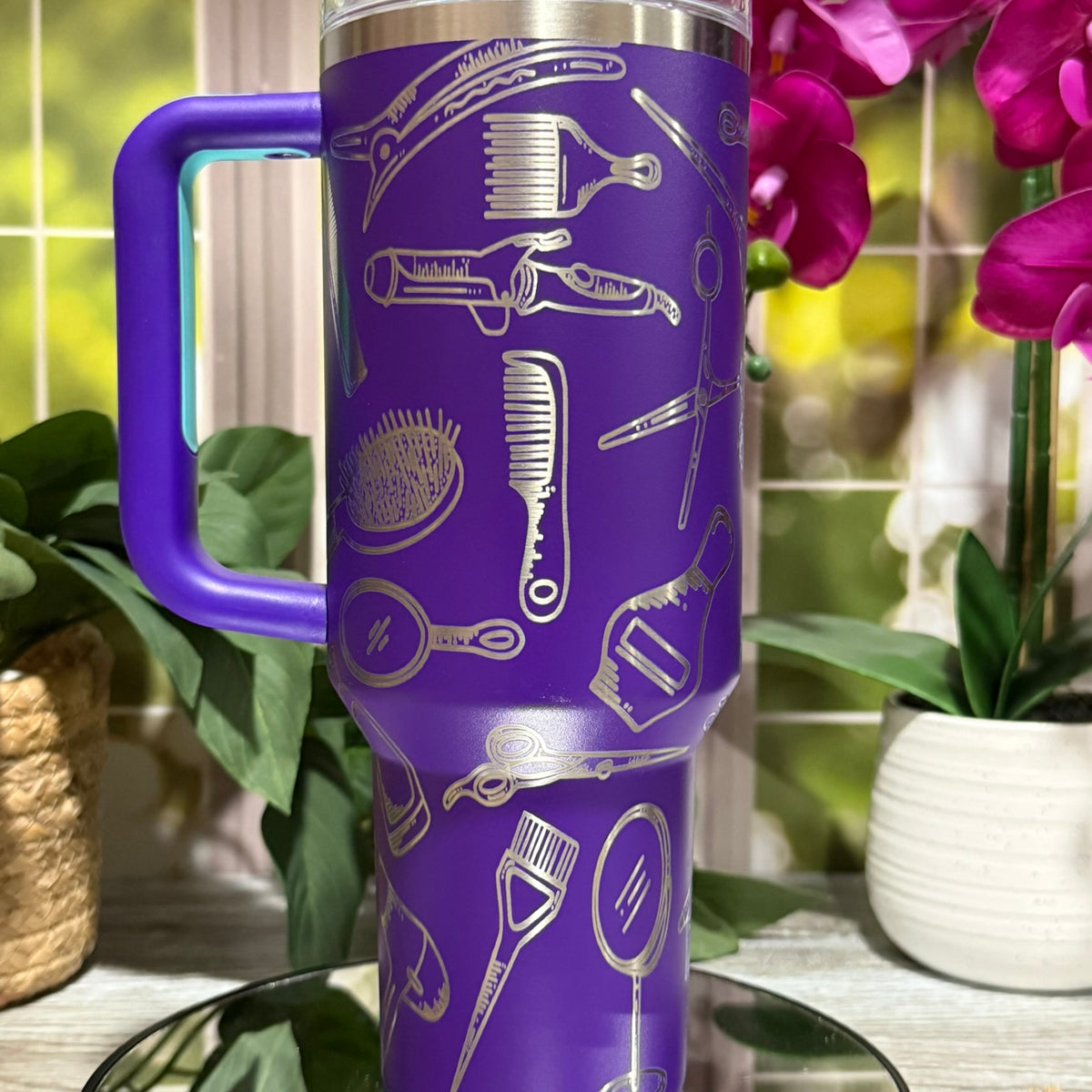 Hairstylist & Esthetician 40oz Stanley Deep Purple Tumbler Cup with Handle – laser engraved Salon Tools Design, Ready to Ship